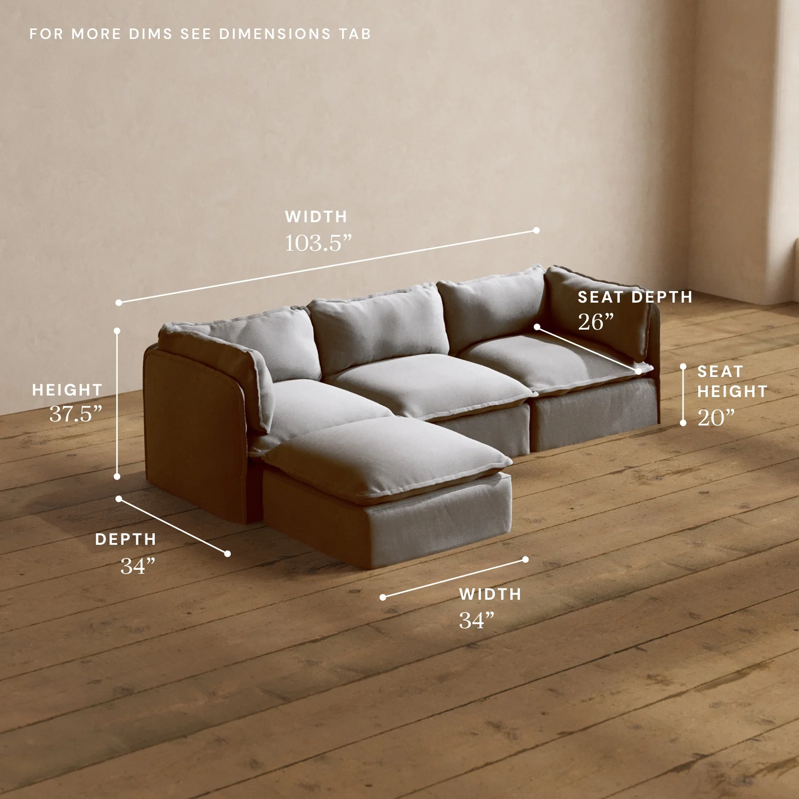 Modular Washable 3-Seater Sectional in Pumice | Deluxe+ Seat | Cloud Pillow - Image 5