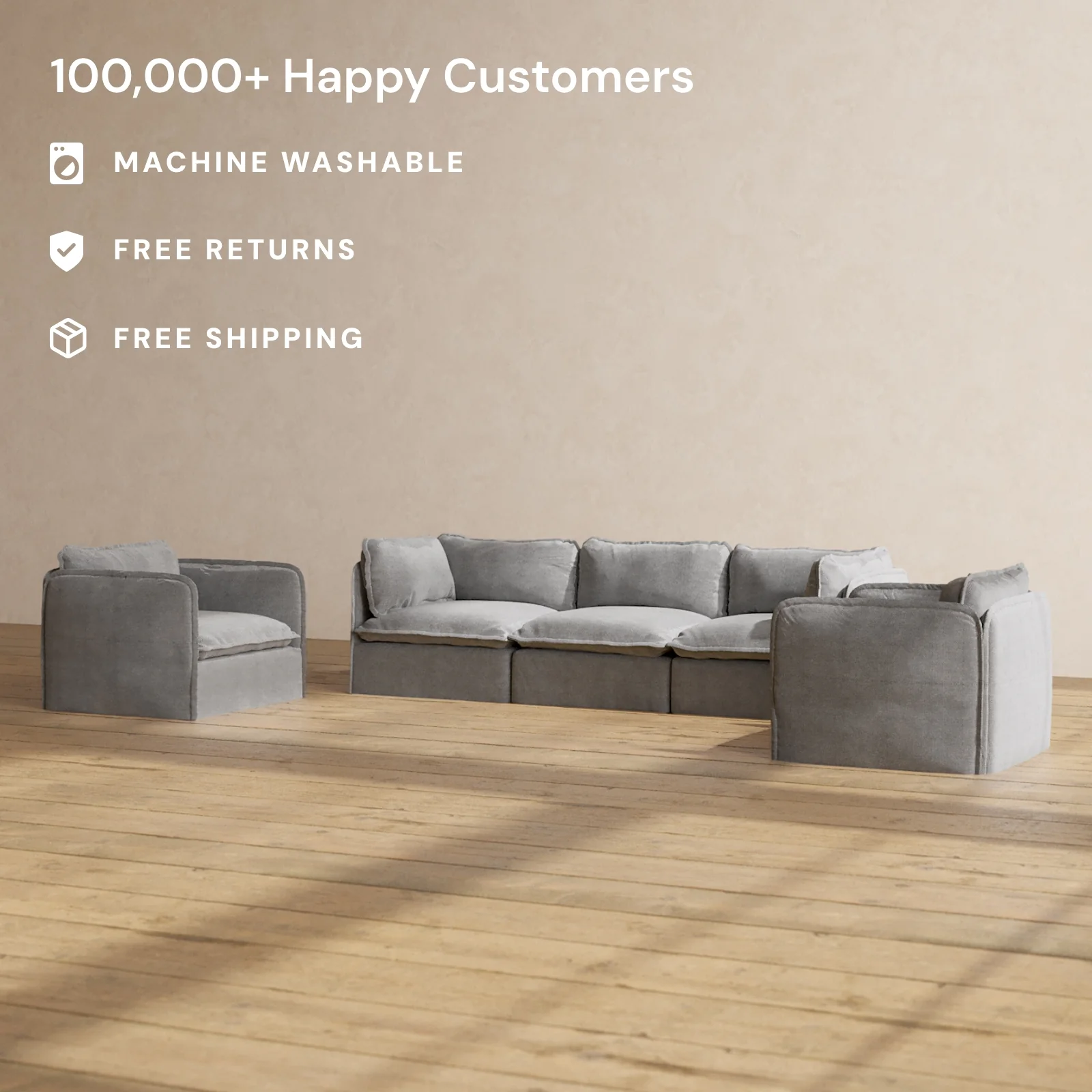 Modular Washable 3-Seater Sofa + Armchair Set in Ash | Deluxe+ Seat | Cloud Pillow - Image 2