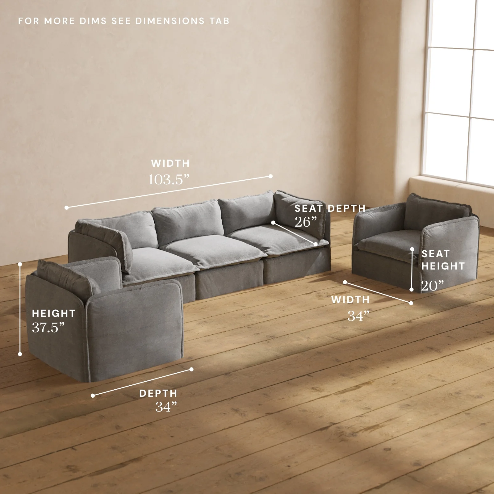 Modular Washable 3-Seater Sofa + Armchair Set in Ash | Memorix+ Seat | Contour Pillow - Image 5