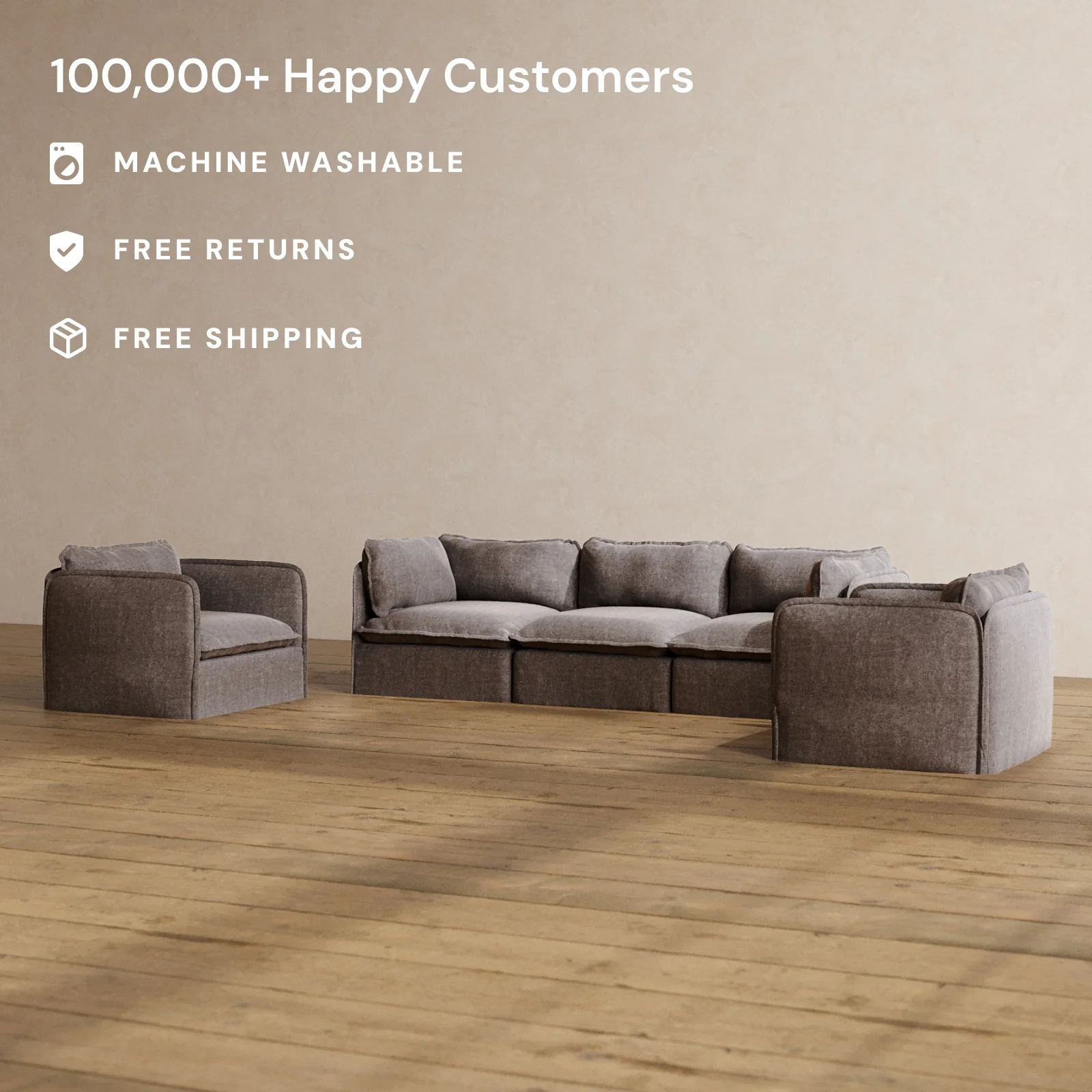 Modular Washable 3-Seater Sofa + Armchair Set in Caviar | Memorix+ Seat | Contour Pillow - Image 2