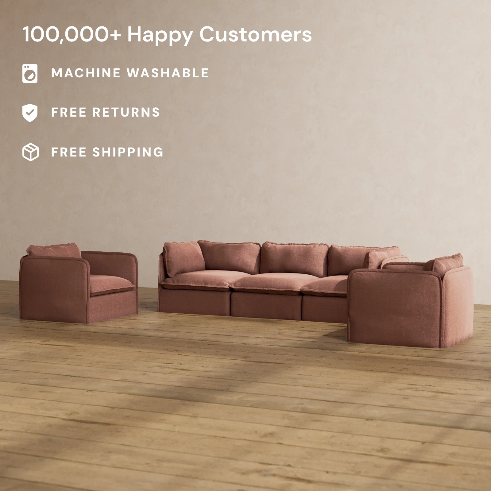 Modular Washable 3-Seater Sofa + Armchair Set in Chestnut | Deluxe+ Seat | Cloud Pillow - Image 2