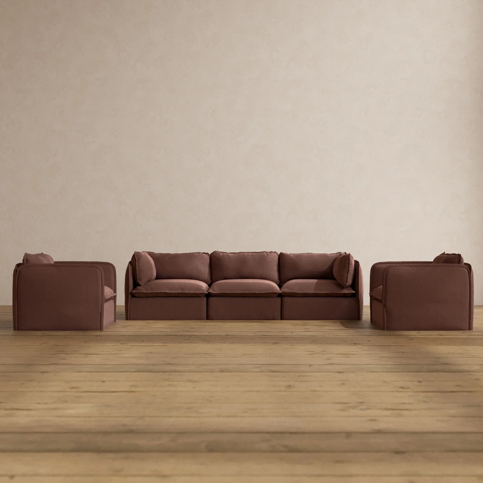 Modular Washable 3-Seater Sofa + Armchair Set in Chestnut | Memorix+ Seat | Contour Pillow