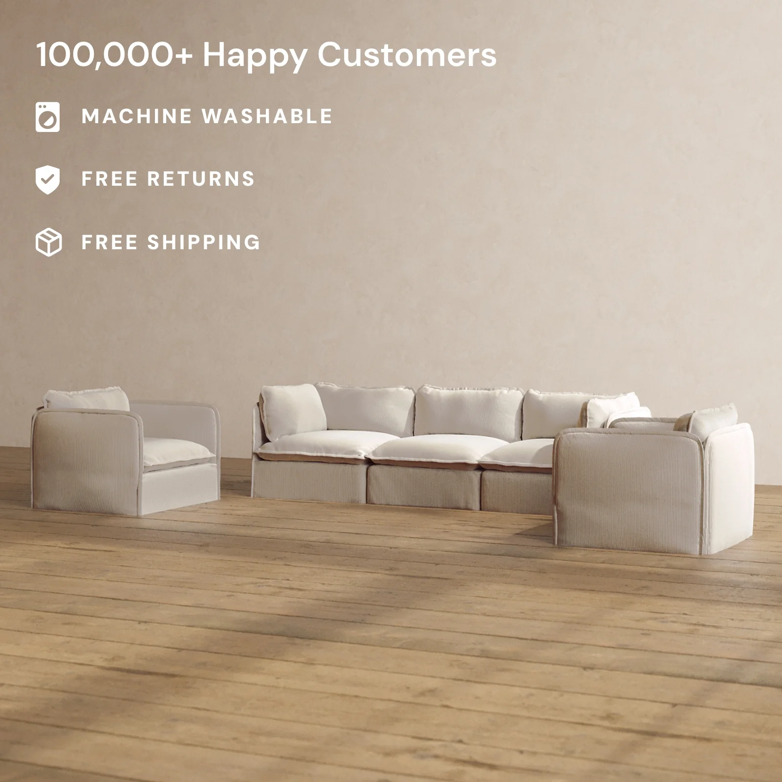 Modular Washable 3-Seater Sofa + Armchair Set in Milk | Memorix+ Seat | Contour Pillow - Image 2
