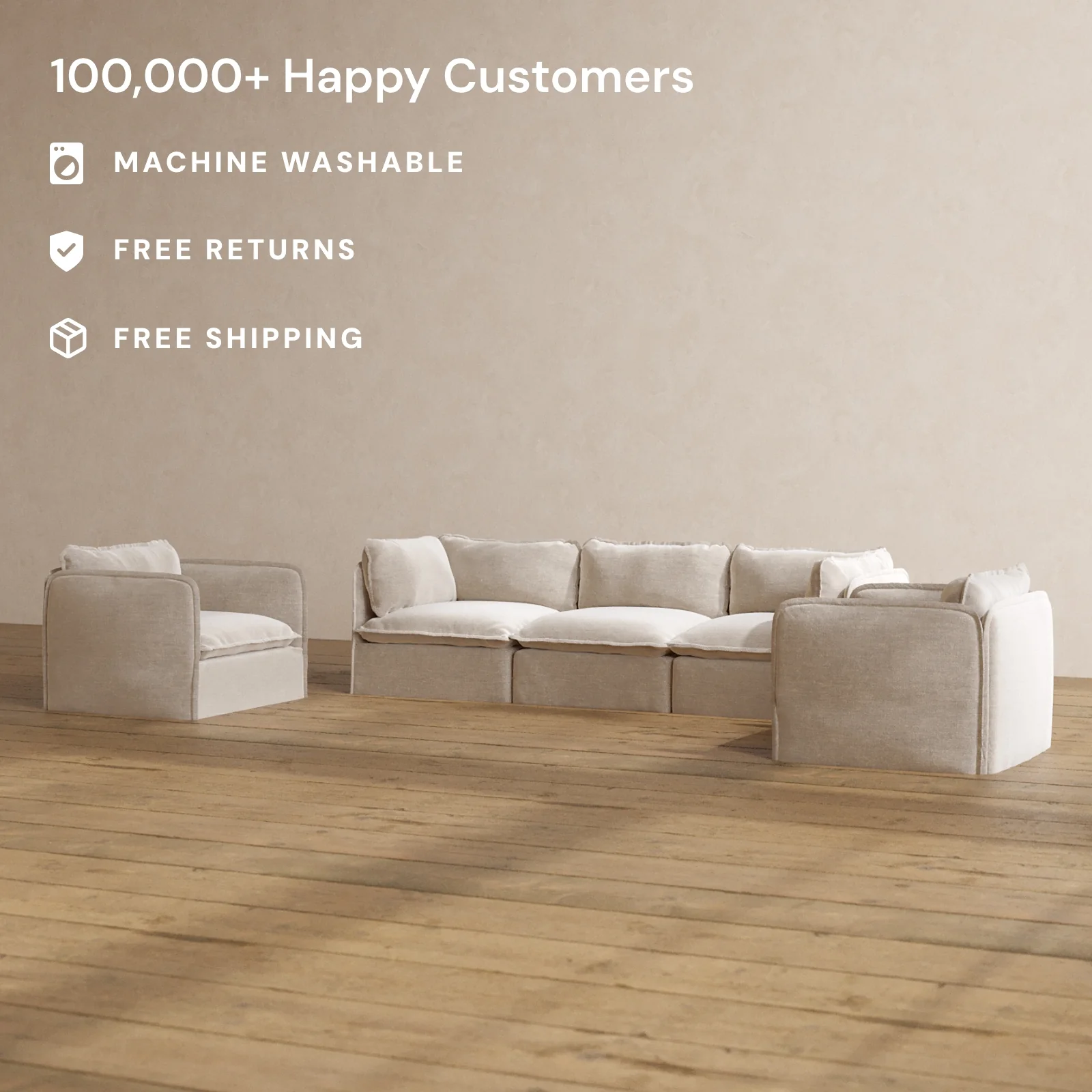 Modular Washable 3-Seater Sofa + Armchair Set in Mist | Deluxe+ Seat | Cloud Pillow - Image 2