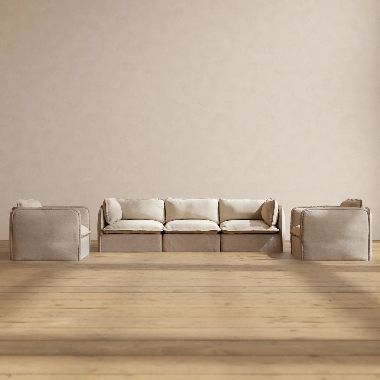 Modular Washable 3-Seater Sofa + Armchair Set in Oat | Deluxe+ Seat | Cloud Pillow