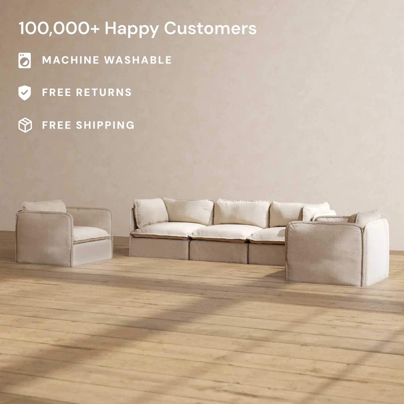 Modular Washable 3-Seater Sofa + Armchair Set in Oat | Deluxe+ Seat | Cloud Pillow - Image 2
