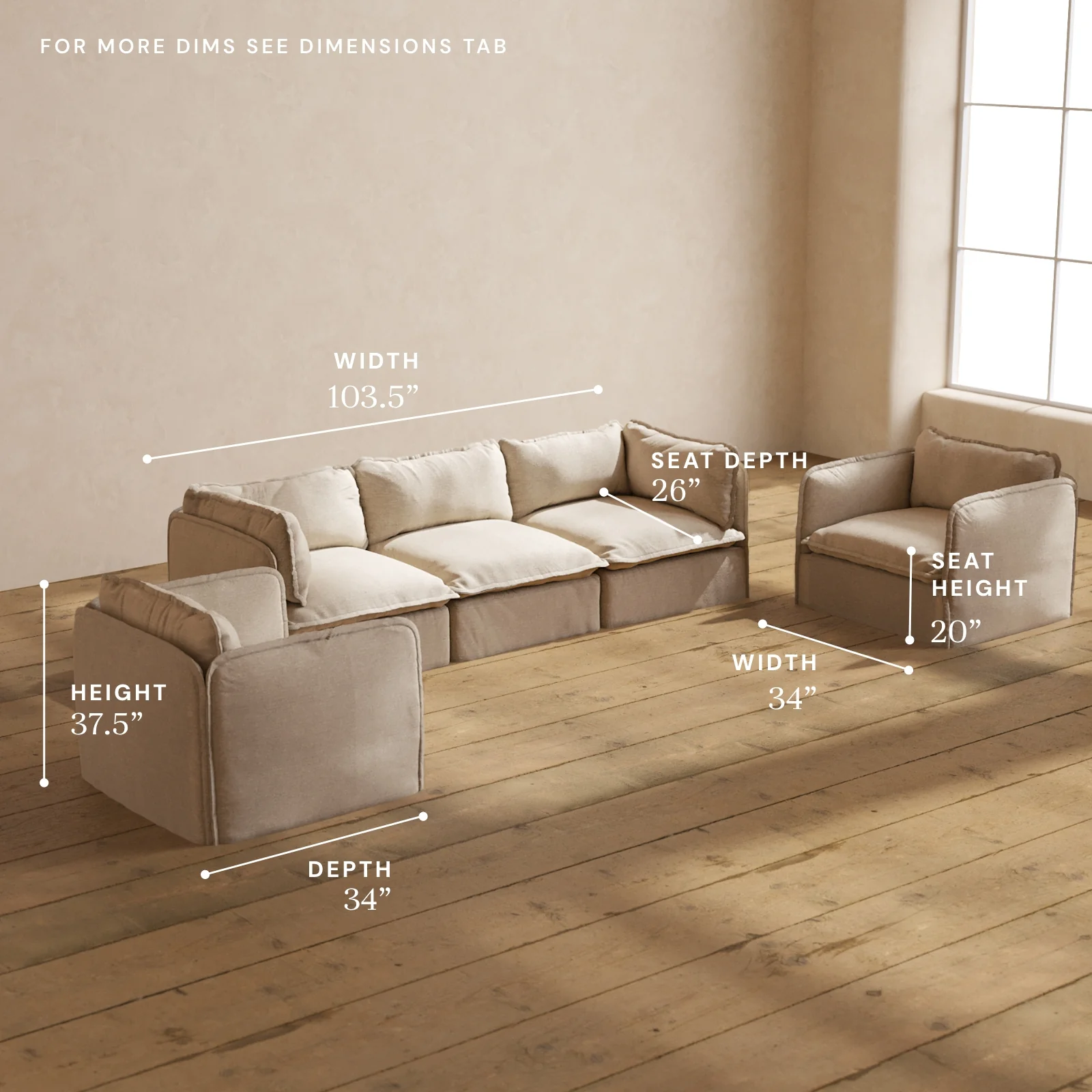 Modular Washable 3-Seater Sofa + Armchair Set in Oat | Deluxe+ Seat | Cloud Pillow - Image 5
