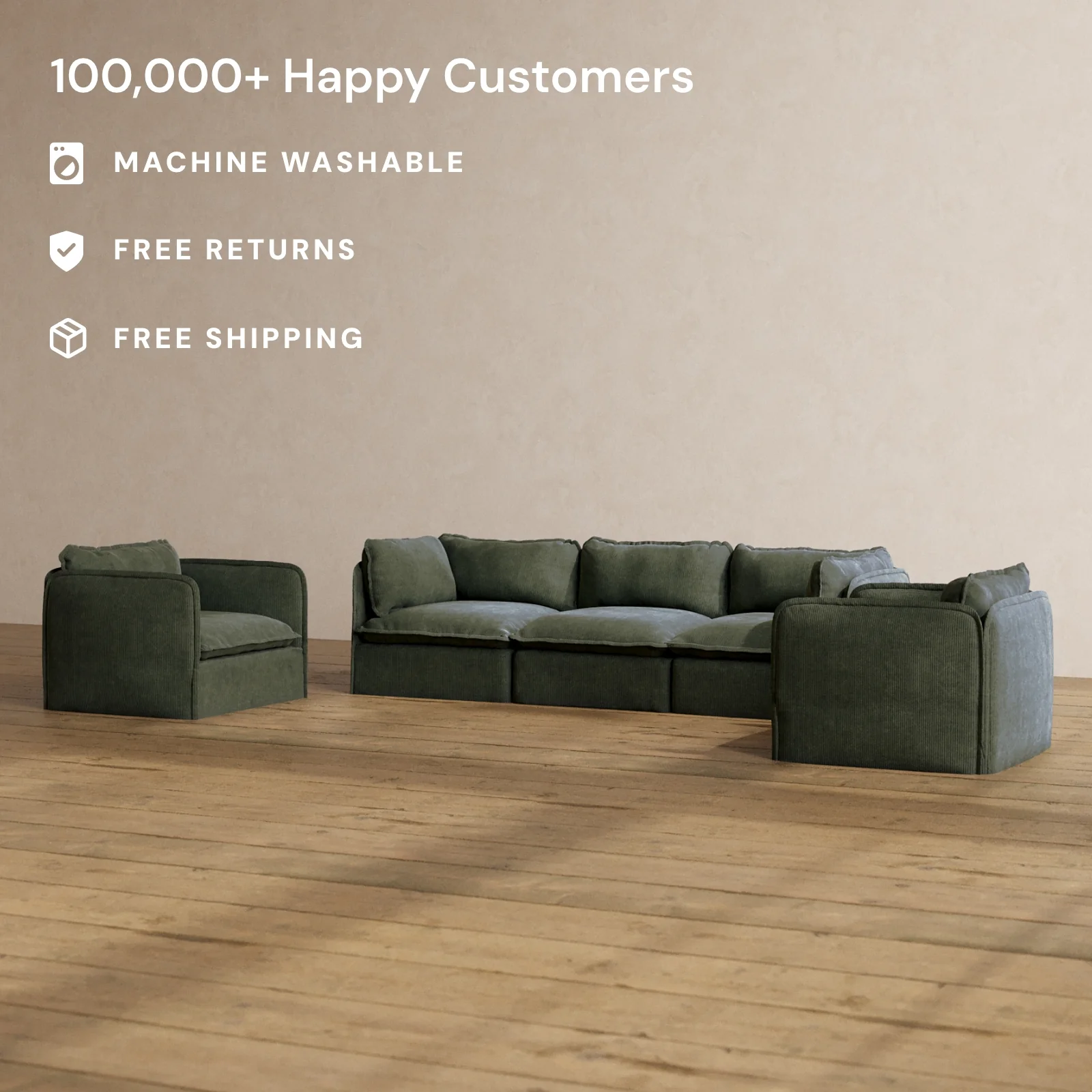 Modular Washable 3-Seater Sofa + Armchair Set in Olivine | Memorix+ Seat | Contour Pillow - Image 2