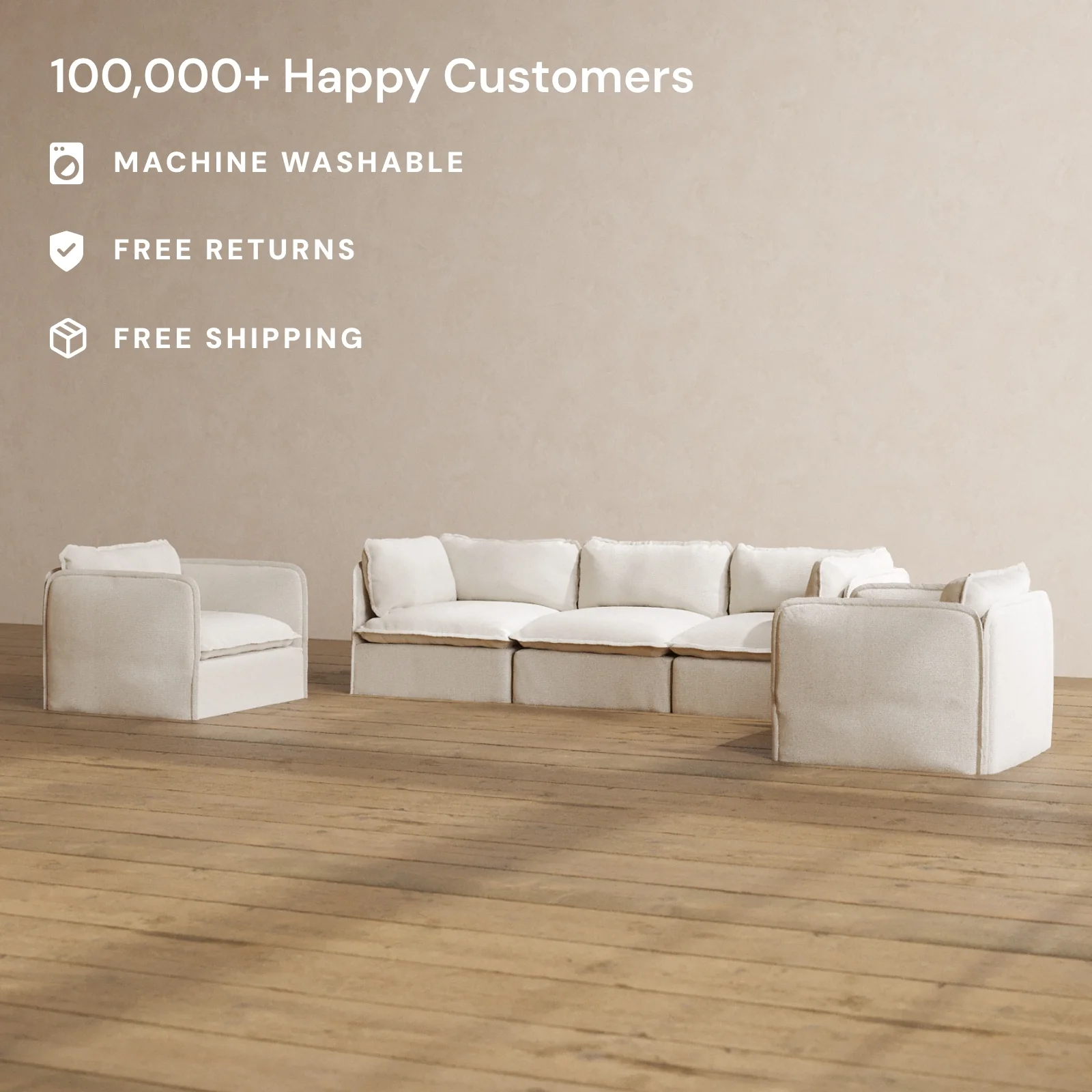 Modular Washable 3-Seater Sofa + Armchair Set in Powder | Memorix+ Seat | Contour Pillow - Image 2