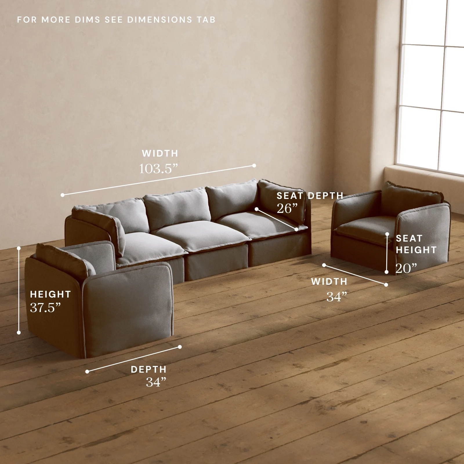 Modular Washable 3-Seater Sofa + Armchair Set in Pumice | Memorix+ Seat | Contour Pillow - Image 5