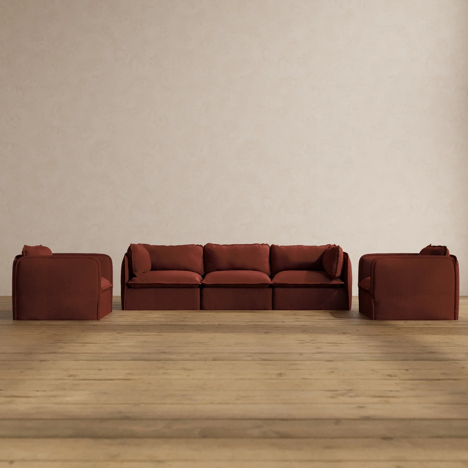 Modular Washable 3-Seater Sofa + Armchair Set in Rust | Memorix+ Seat | Contour Pillow
