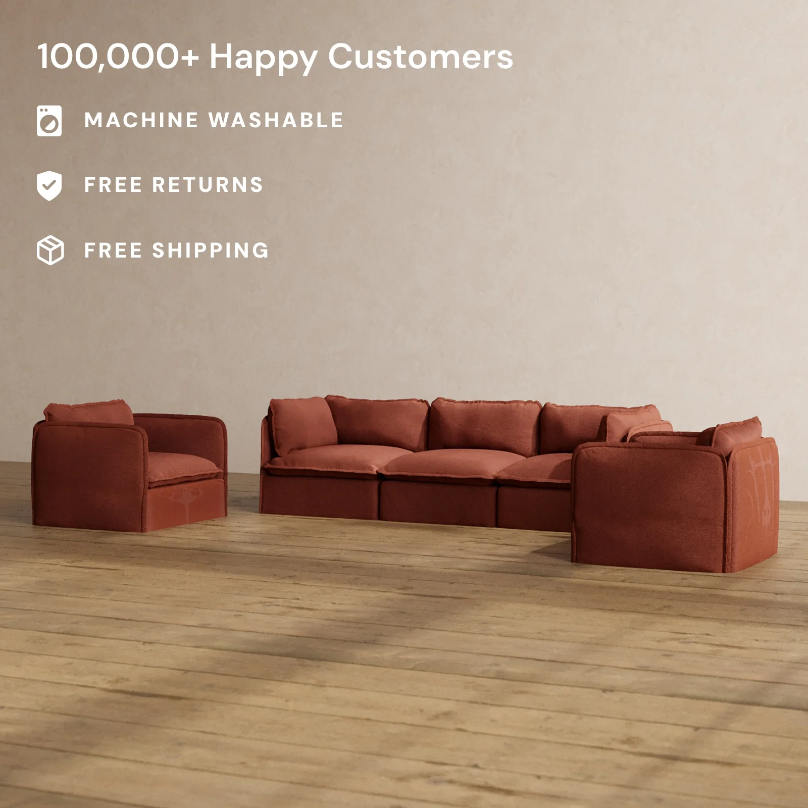 Modular Washable 3-Seater Sofa + Armchair Set in Rust | Memorix+ Seat | Contour Pillow - Image 2