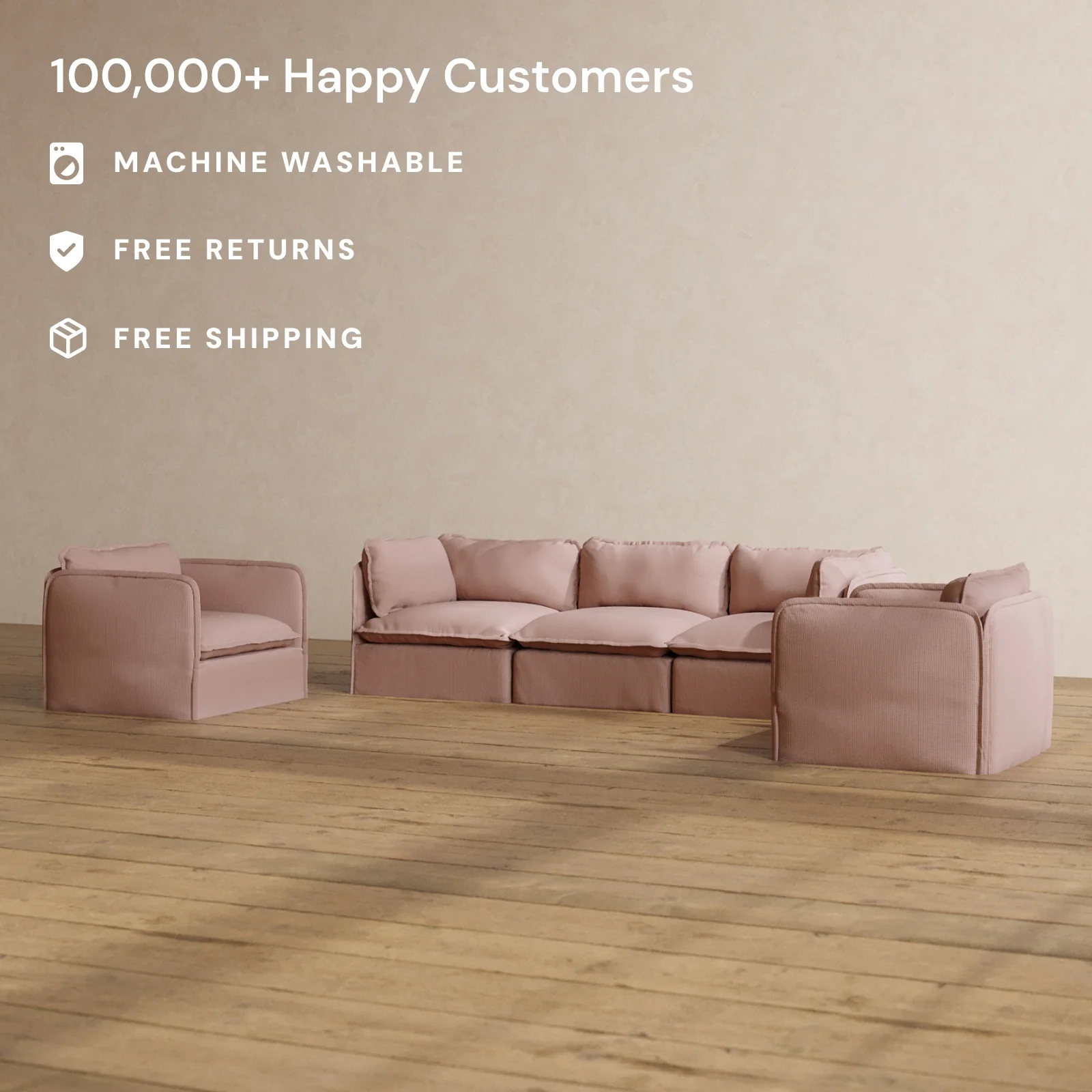 Modular Washable 3-Seater Sofa + Armchair Set in Sakura | Memorix+ Seat | Contour Pillow - Image 2