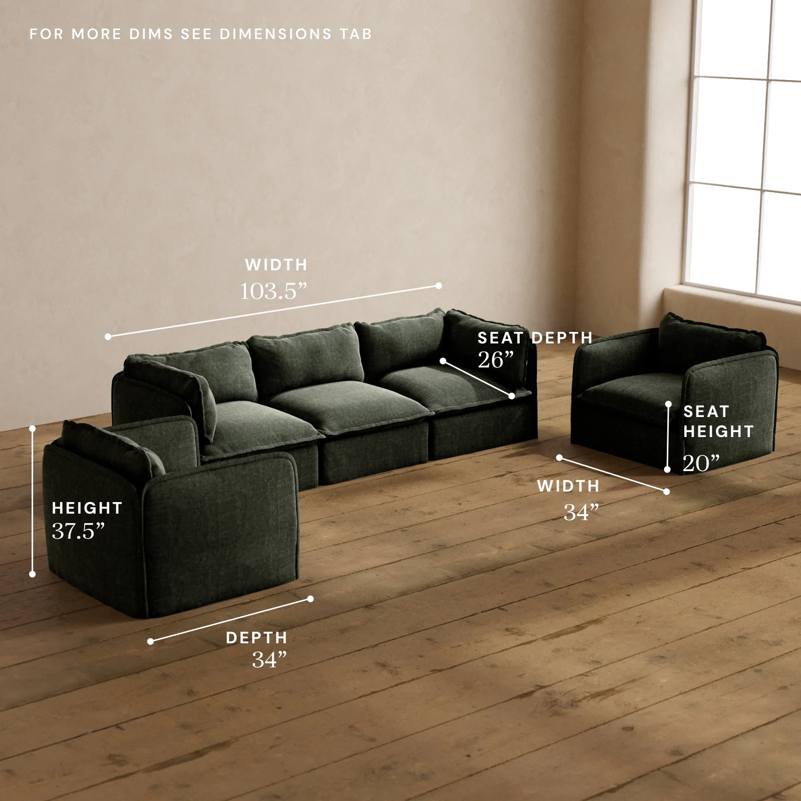 Modular Washable 3-Seater Sofa + Armchair Set in Willow | Deluxe+ Seat | Cloud Pillow - Image 5