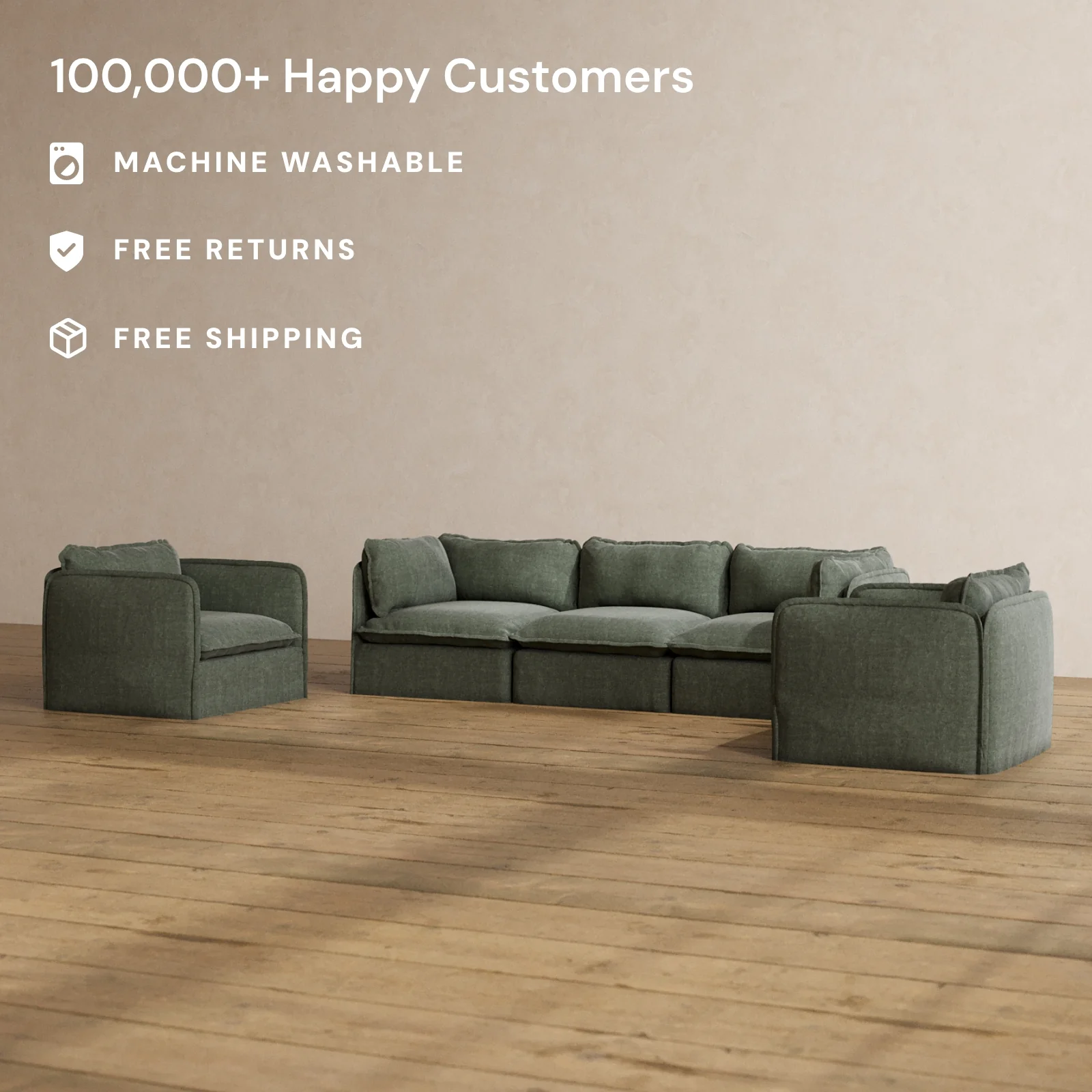 Modular Washable 3-Seater Sofa + Armchair Set in Willow | Memorix+ Seat | Contour Pillow - Image 2