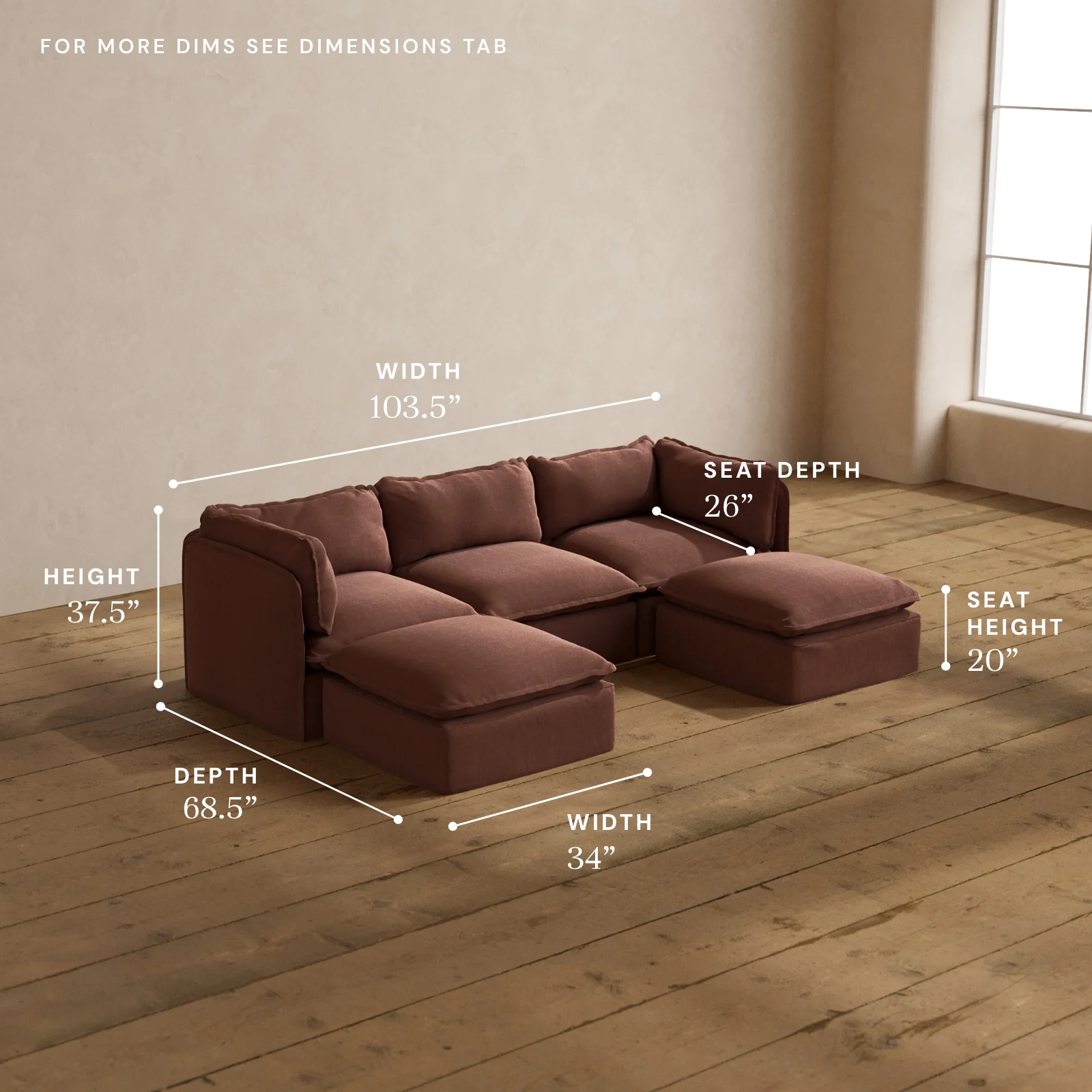 Modular Washable 3-Seater U-Sectional in Chestnut | Memorix+ Seat | Contour Pillow - Image 5
