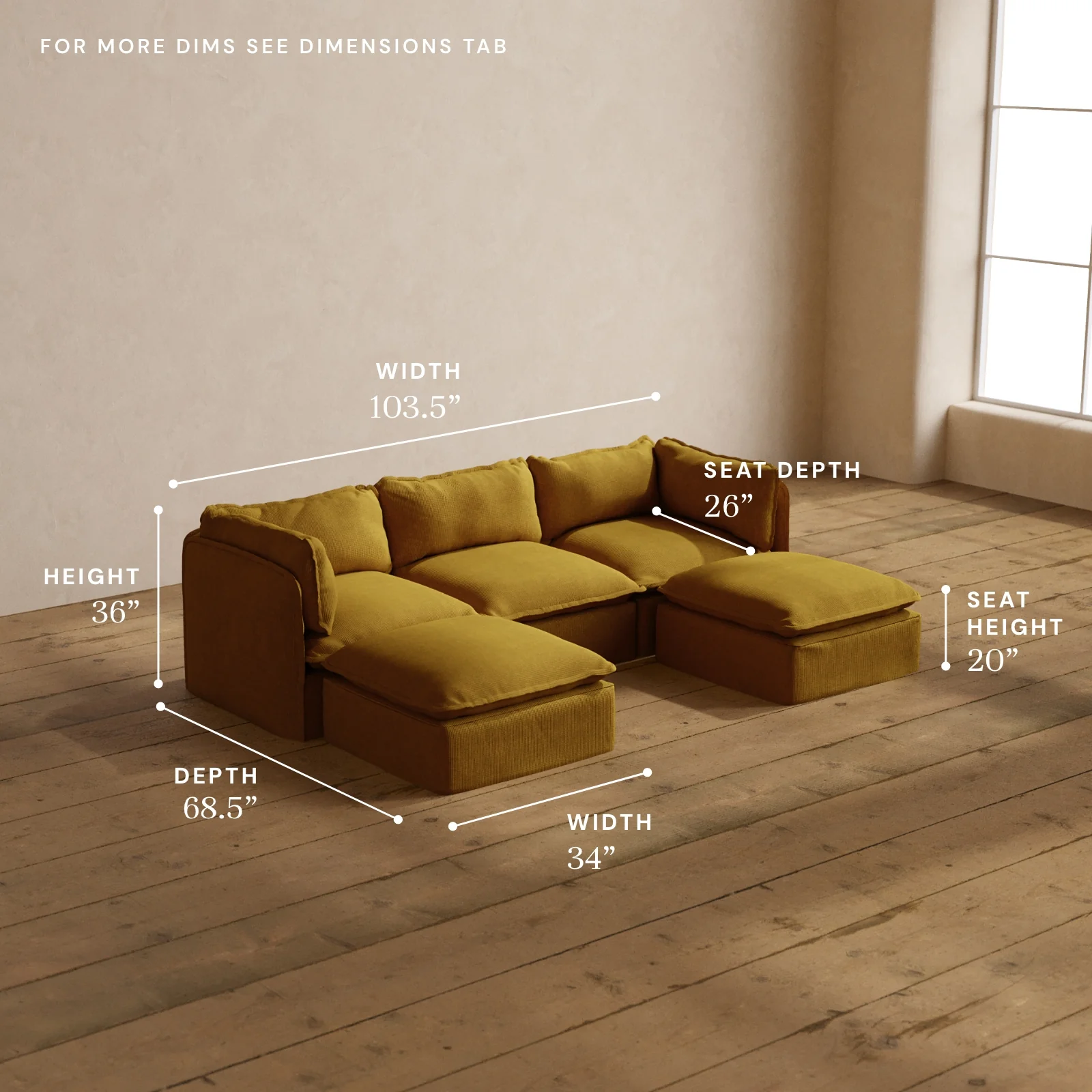 Modular Washable 3-Seater U-Sectional in Kiiro | Deluxe+ Seat | Cloud Pillow - Image 5