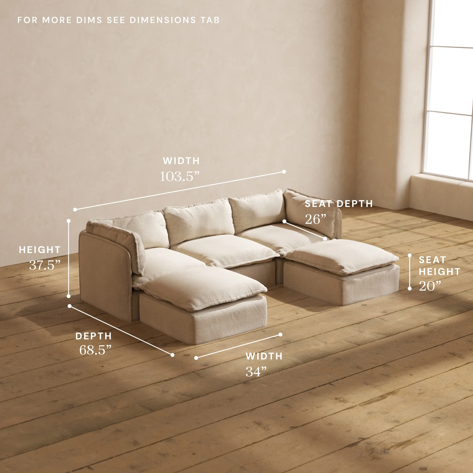 Modular Washable 3-Seater U-Sectional in Oat | Memorix+ Seat | Contour Pillow - Image 5