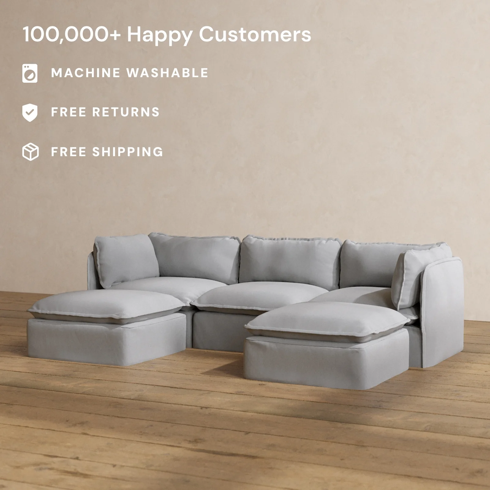 Modular Washable 3-Seater U-Sectional in Pumice | Memorix+ Seat | Contour Pillow - Image 2