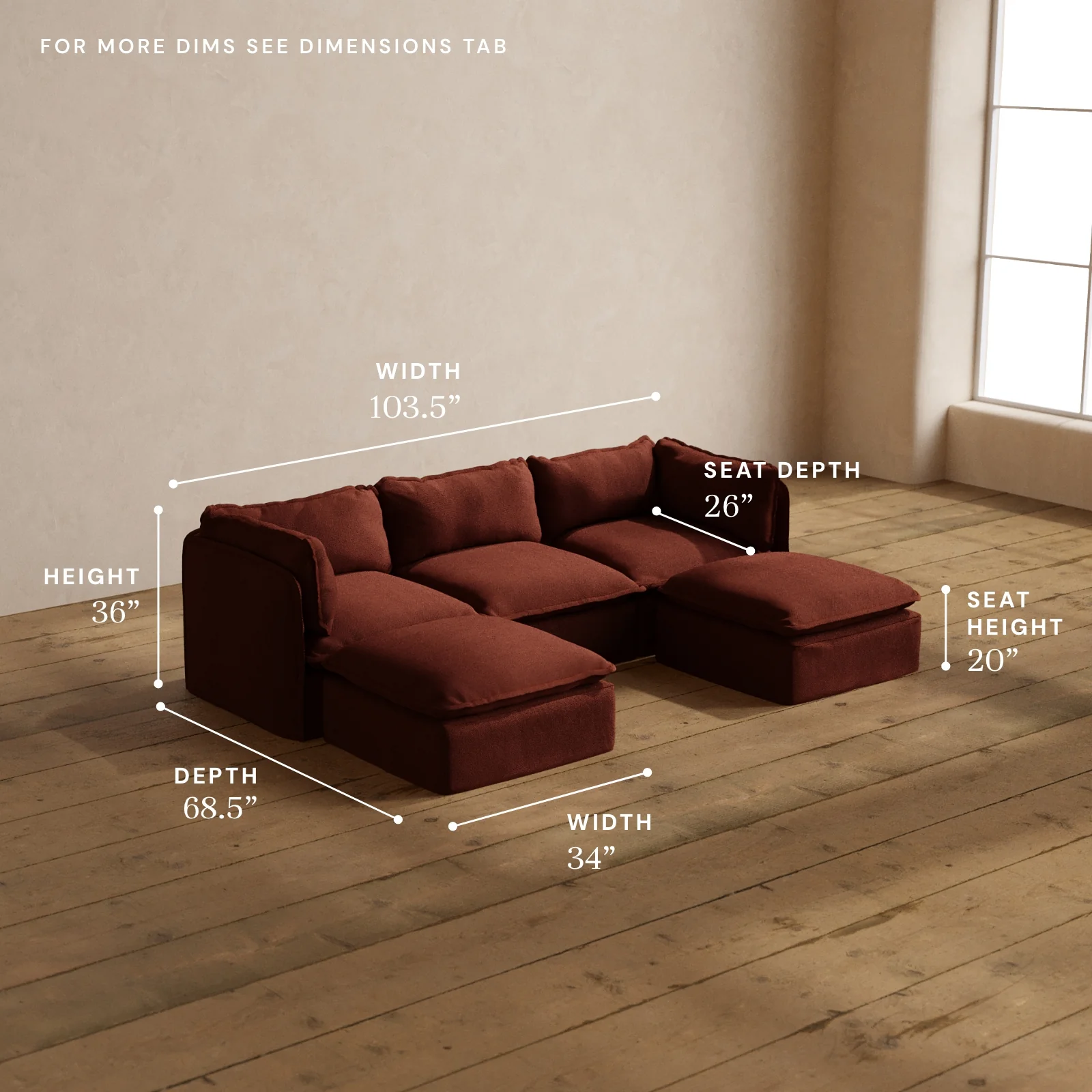 Modular Washable 3-Seater U-Sectional in Rust | Deluxe+ Seat | Cloud Pillow - Image 5