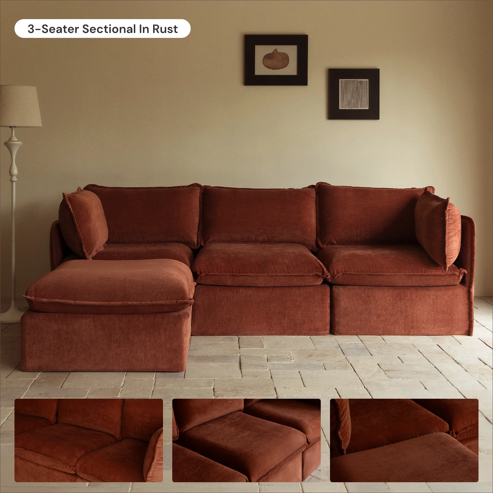 Modular Washable 3-Seater U-Sectional in Rust | Deluxe+ Seat | Cloud Pillow - Image 7