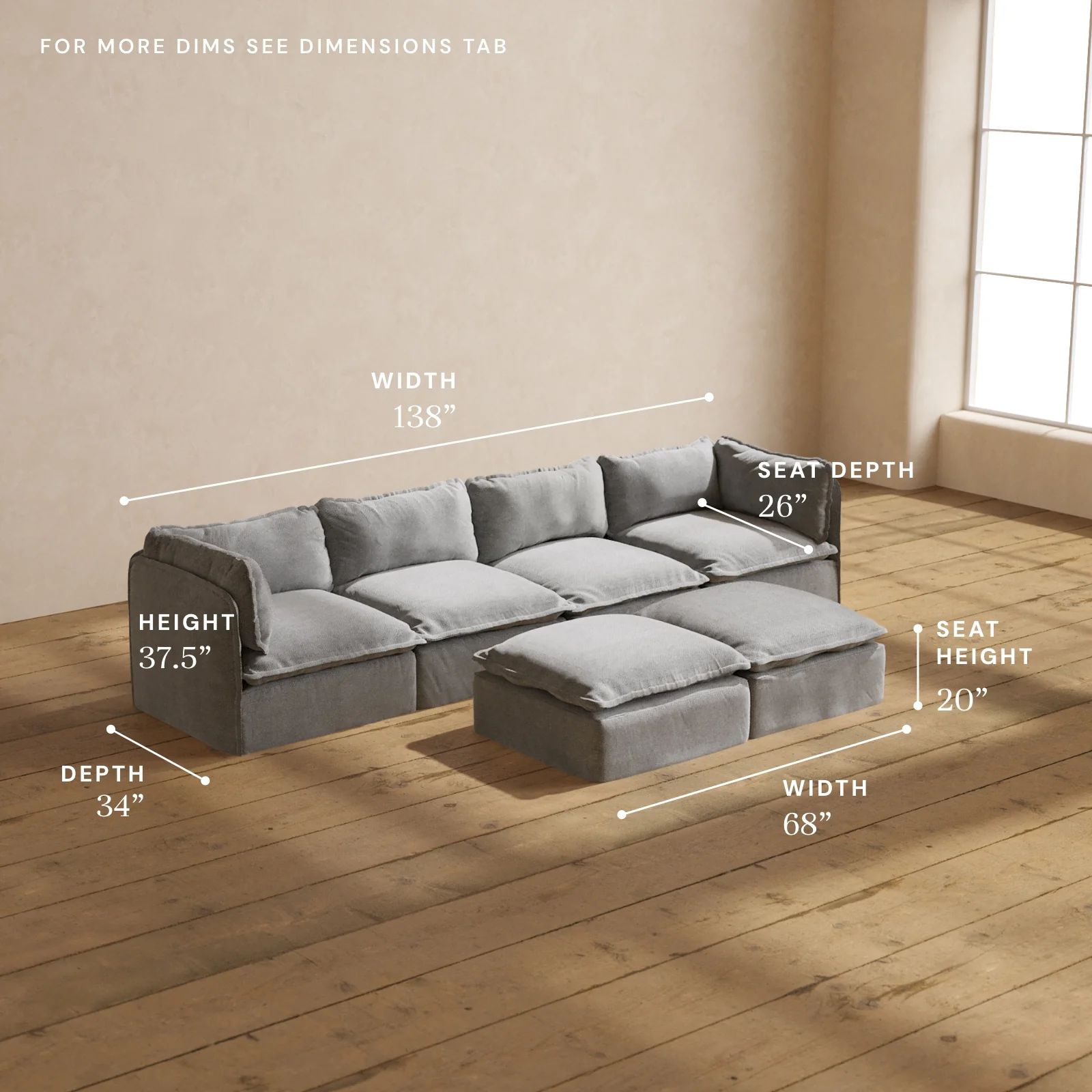Modular Washable 4-Seater + Bench Ottoman in Ash | Deluxe+ Seat | Cloud Pillow - Image 5