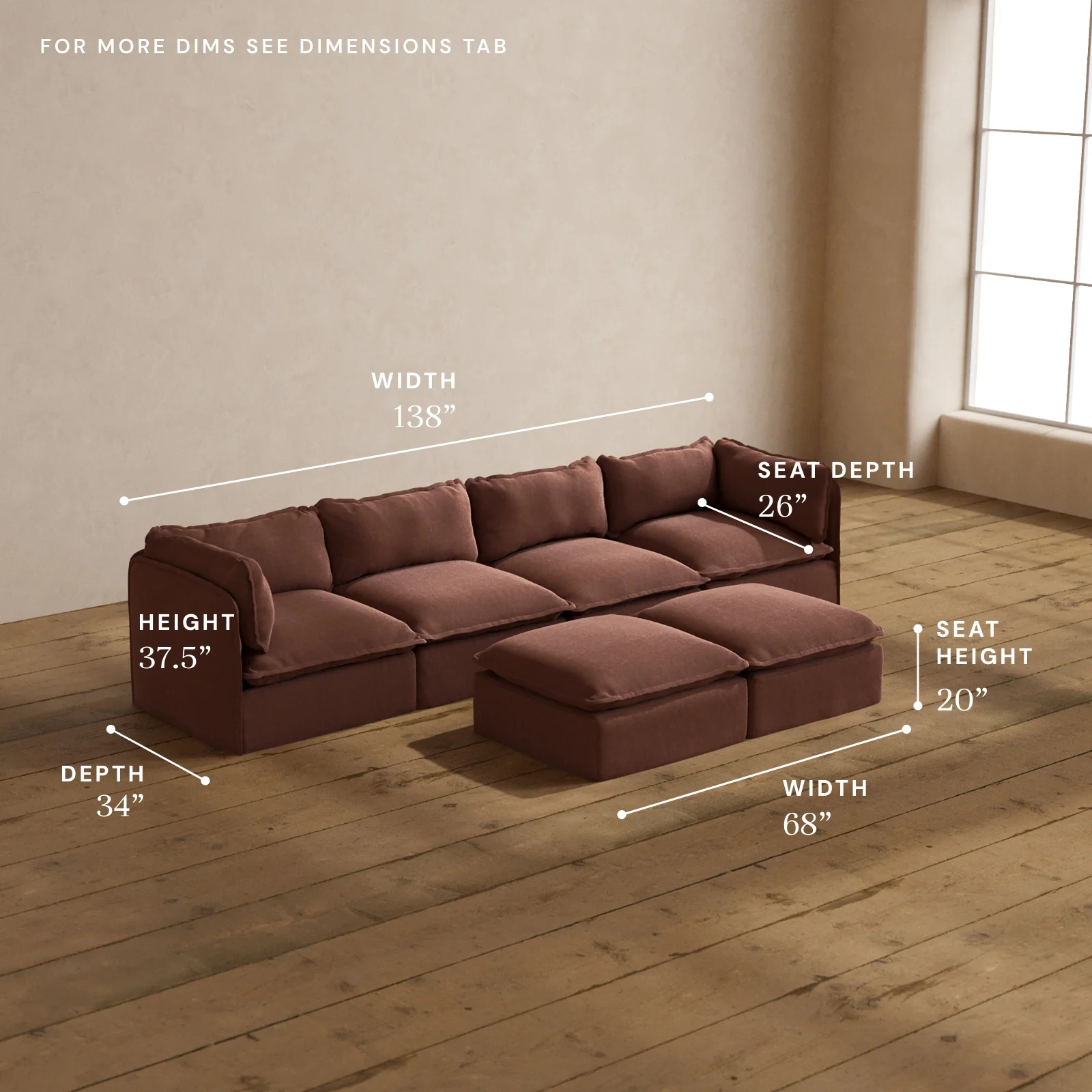 Modular Washable 4-Seater + Bench Ottoman in Chestnut | Memorix+ Seat | Contour Pillow - Image 5