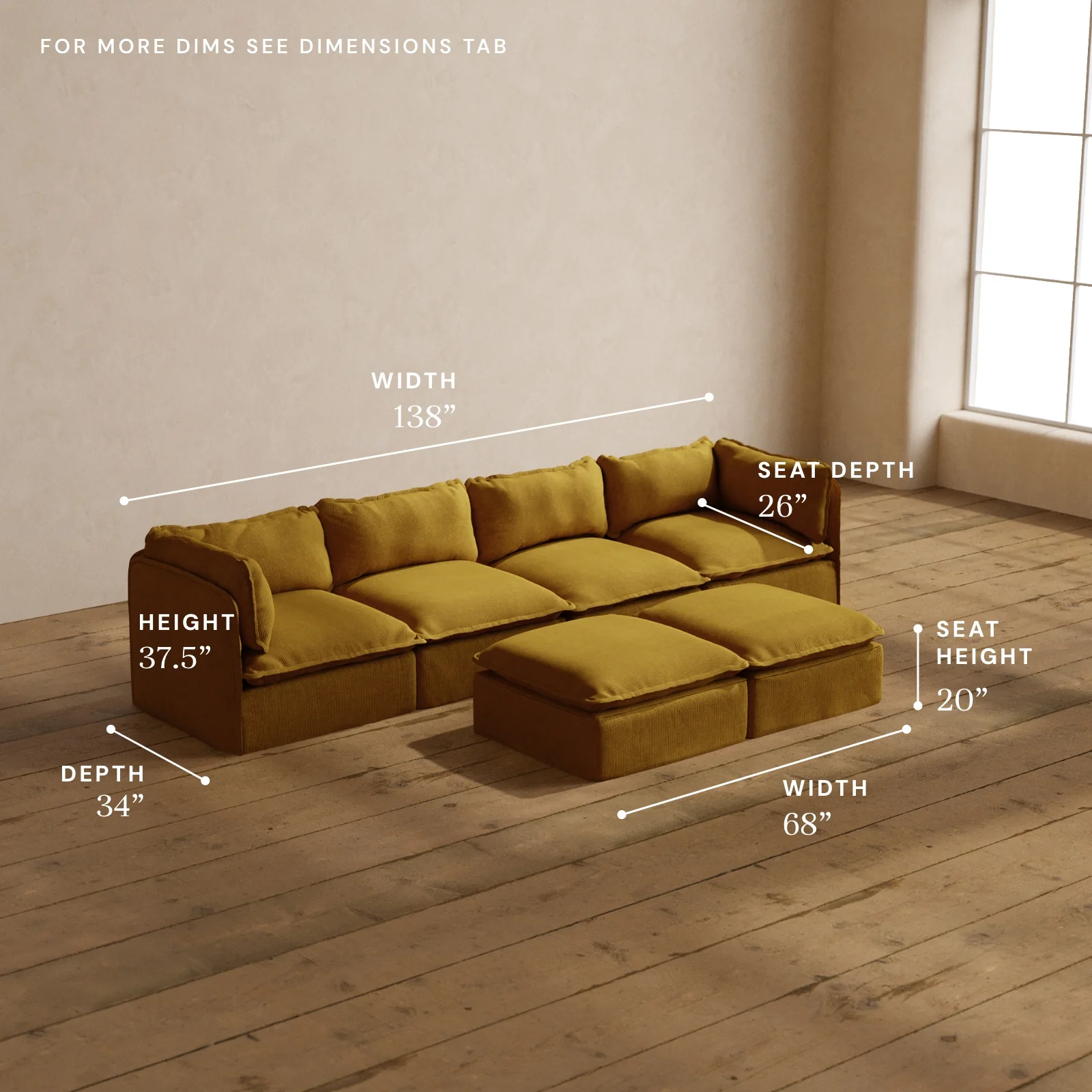 Modular Washable 4-Seater + Bench Ottoman in Kiiro | Deluxe+ Seat | Cloud Pillow - Image 5