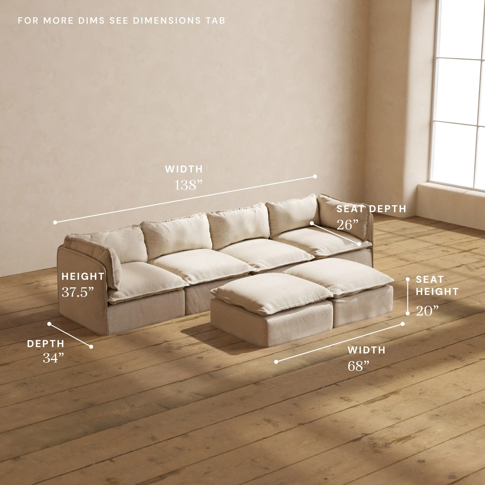 Modular Washable 4-Seater + Bench Ottoman in Oat | Deluxe+ Seat | Cloud Pillow - Image 5