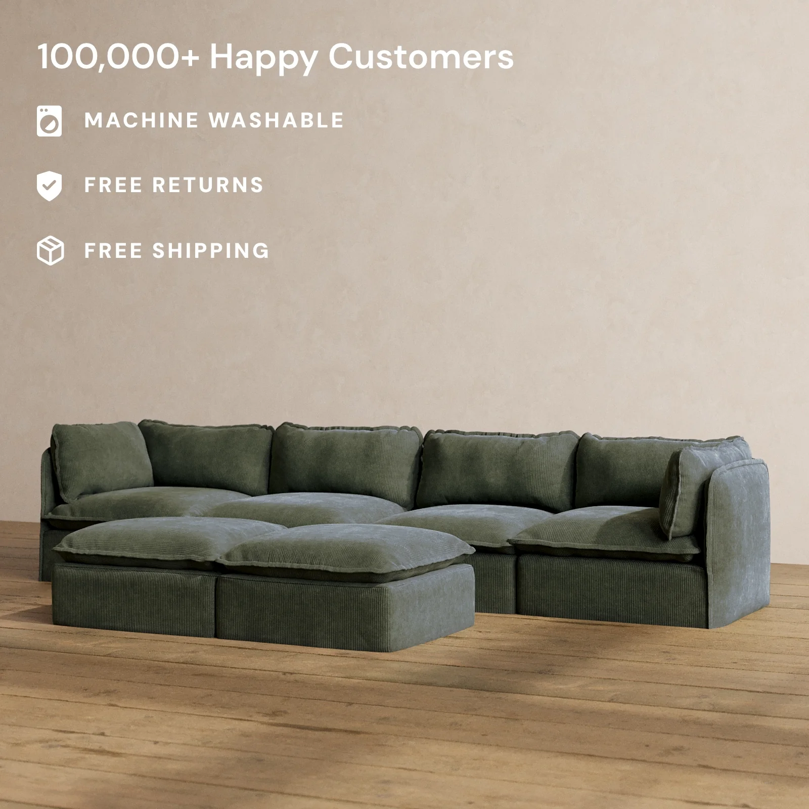Modular Washable 4-Seater + Bench Ottoman in Olivine | Memorix+ Seat | Contour Pillow - Image 2