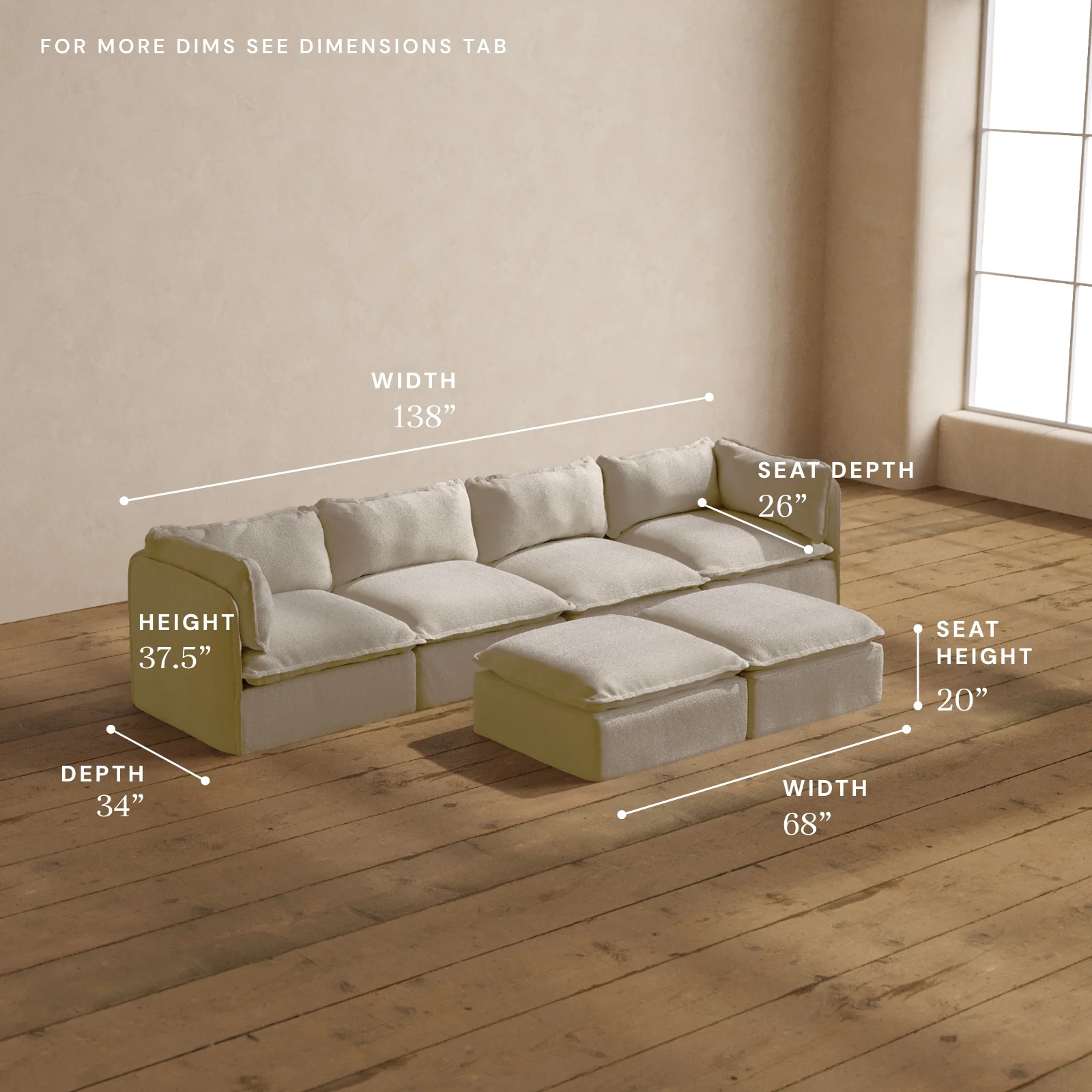 Modular Washable 4-Seater + Bench Ottoman in Powder | Memorix+ Seat | Contour Pillow - Image 5