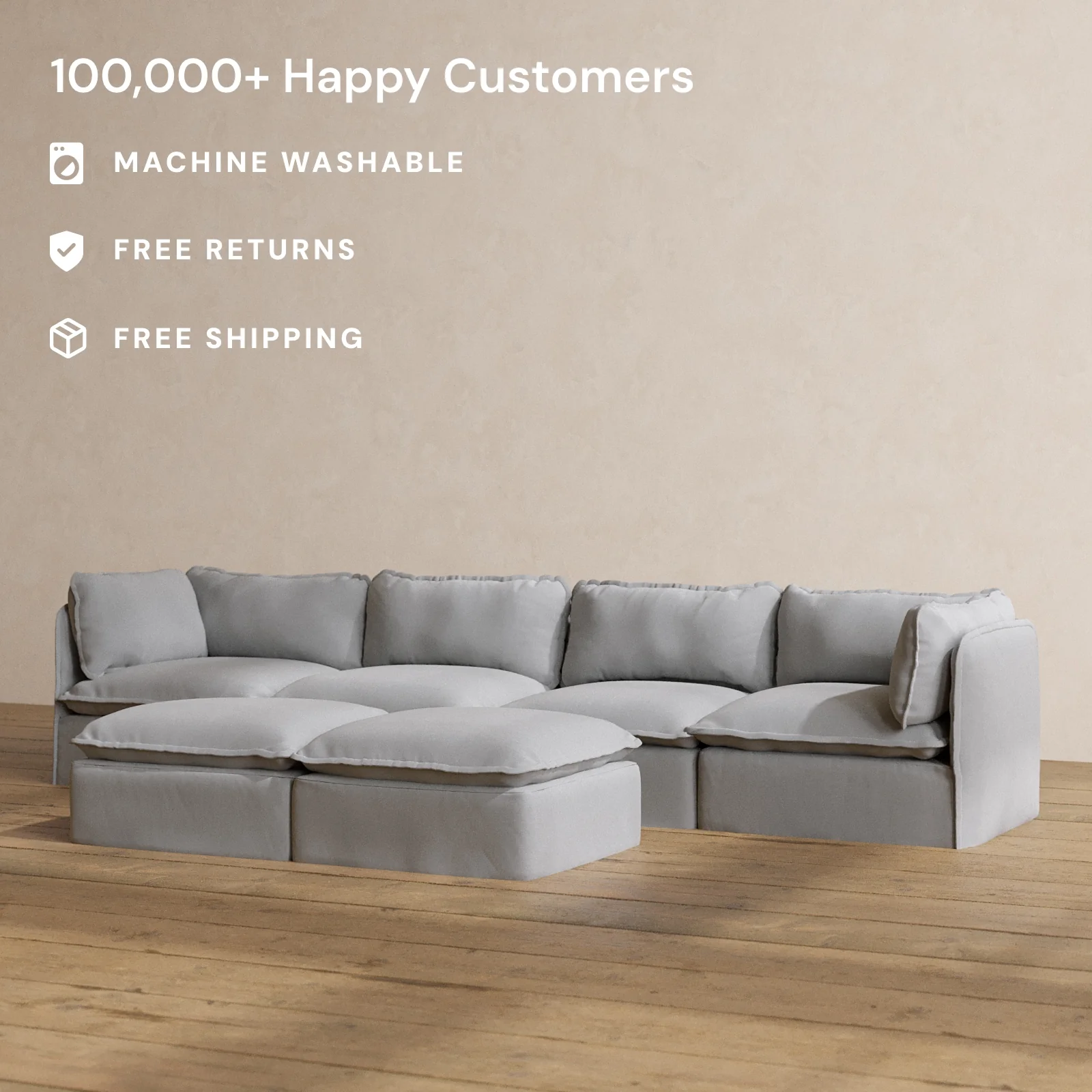 Modular Washable 4-Seater + Bench Ottoman in Pumice | Deluxe+ Seat | Cloud Pillow - Image 2