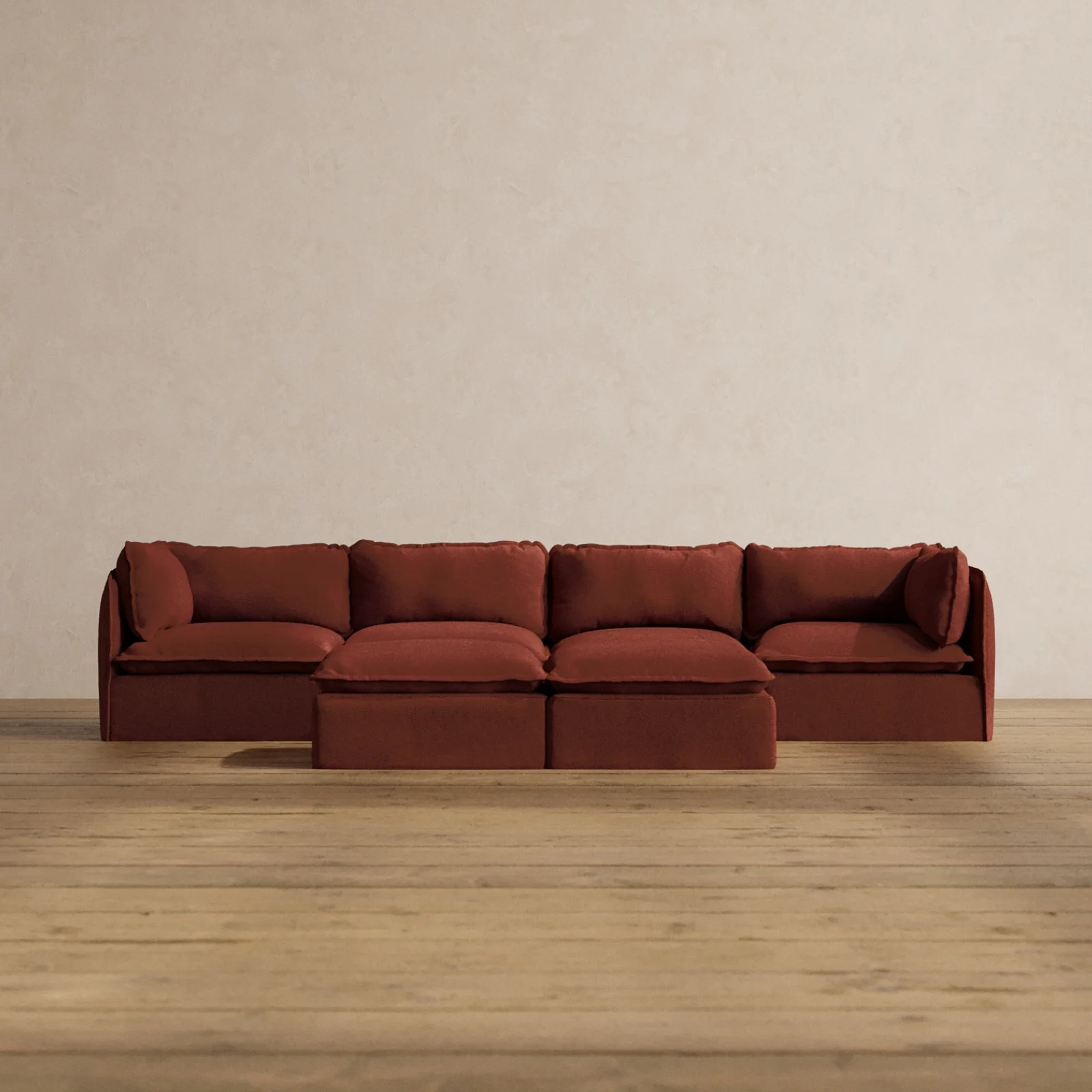 Modular Washable 4-Seater + Bench Ottoman in Rust | Deluxe+ Seat | Cloud Pillow