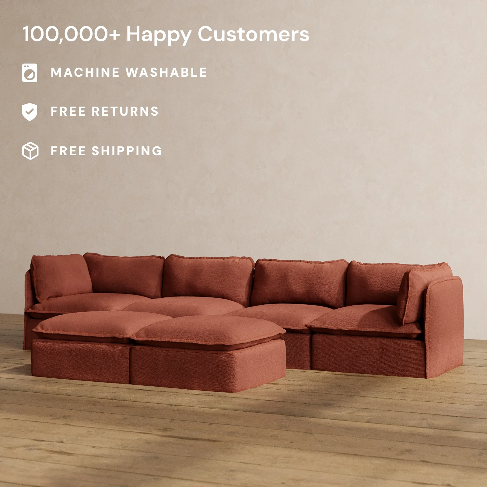 Modular Washable 4-Seater + Bench Ottoman in Rust | Deluxe+ Seat | Cloud Pillow - Image 2