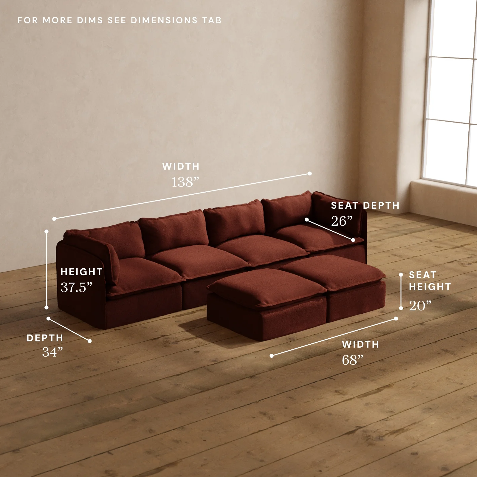 Modular Washable 4-Seater + Bench Ottoman in Rust | Memorix+ Seat | Contour Pillow - Image 5