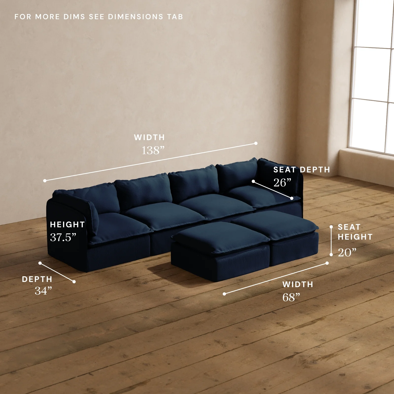 Modular Washable 4-Seater + Bench Ottoman in Sumi | Deluxe+ Seat | Cloud Pillow - Image 5