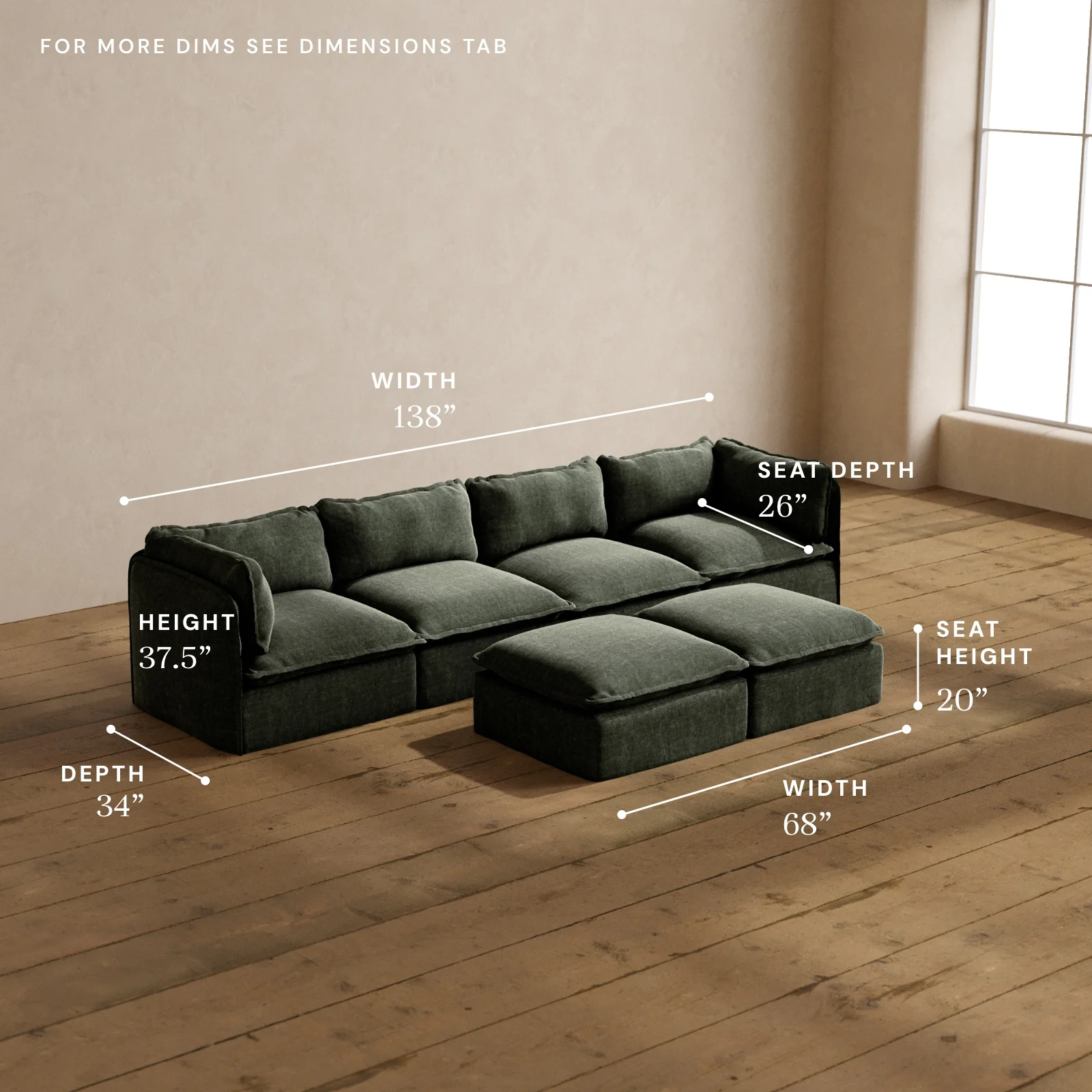 Modular Washable 4-Seater + Bench Ottoman in Willow | Memorix+ Seat | Contour Pillow - Image 5