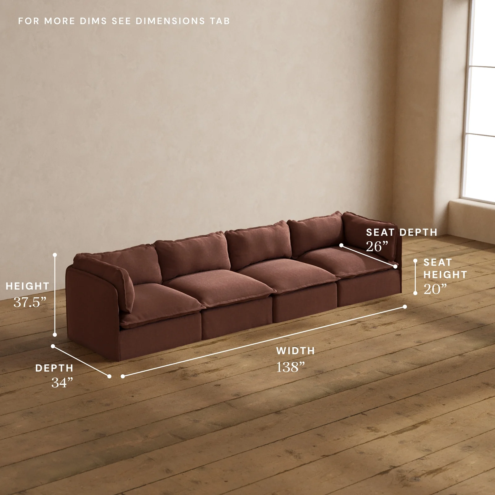 Modular Washable 4-Seater in Chestnut | Deluxe+ Seat | Cloud Pillow - Image 5