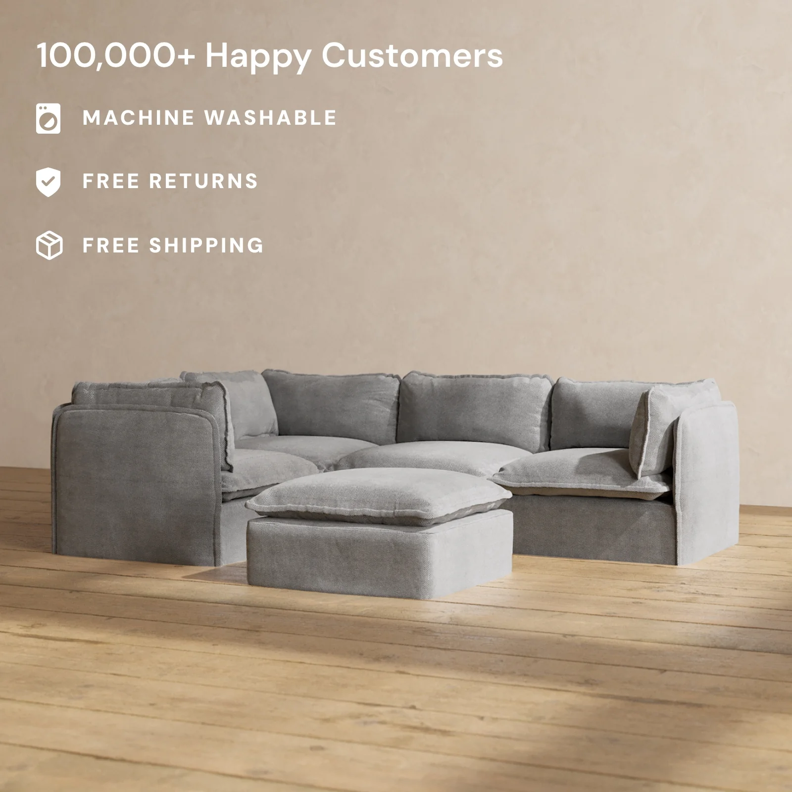 Modular Washable 4-Seater Corner Sectional + Ottoman in Ash | Deluxe+ Seat | Cloud Pillow - Image 2