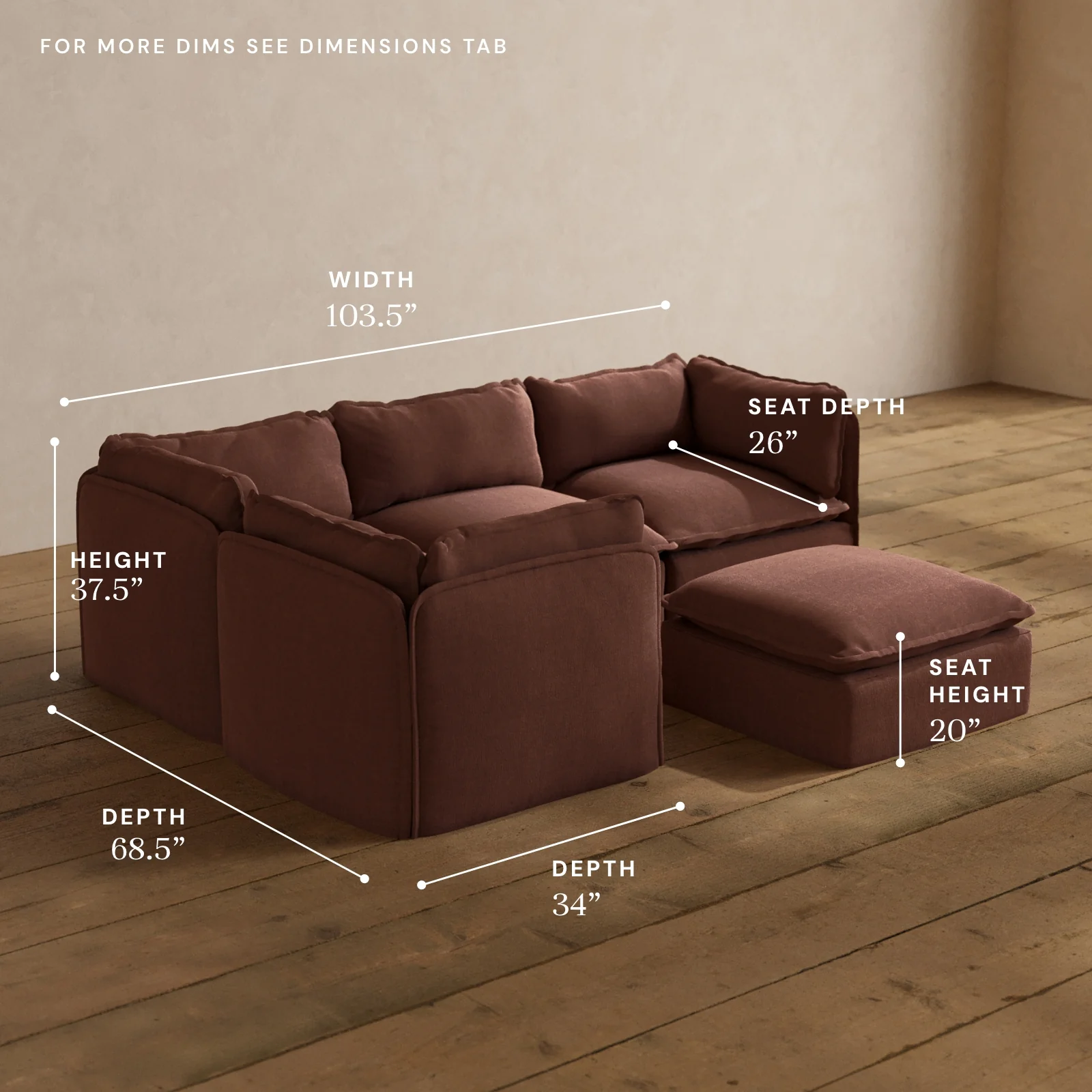 Modular Washable 4-Seater Corner Sectional + Ottoman in Chestnut | Deluxe+ Seat | Cloud Pillow - Image 5