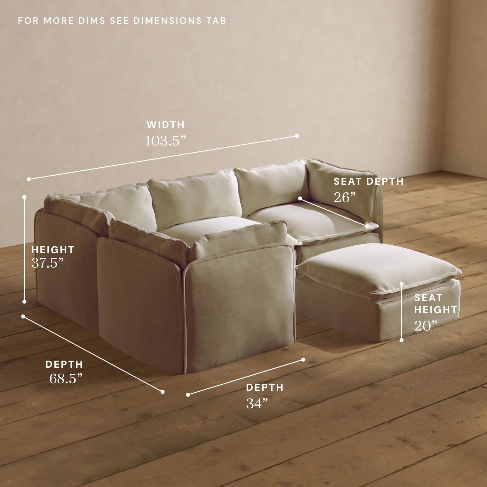 Modular Washable 4-Seater Corner Sectional + Ottoman in Coco | Deluxe+ Seat | Cloud Pillow - Image 5