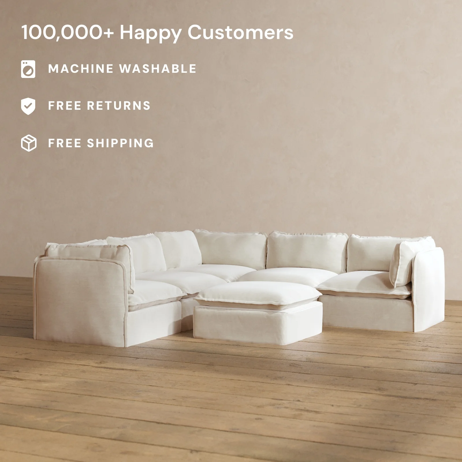 Modular Washable 4-Seater Corner Sectional + Ottoman in Coco | Memorix+ Seat | Contour Pillow - Image 2