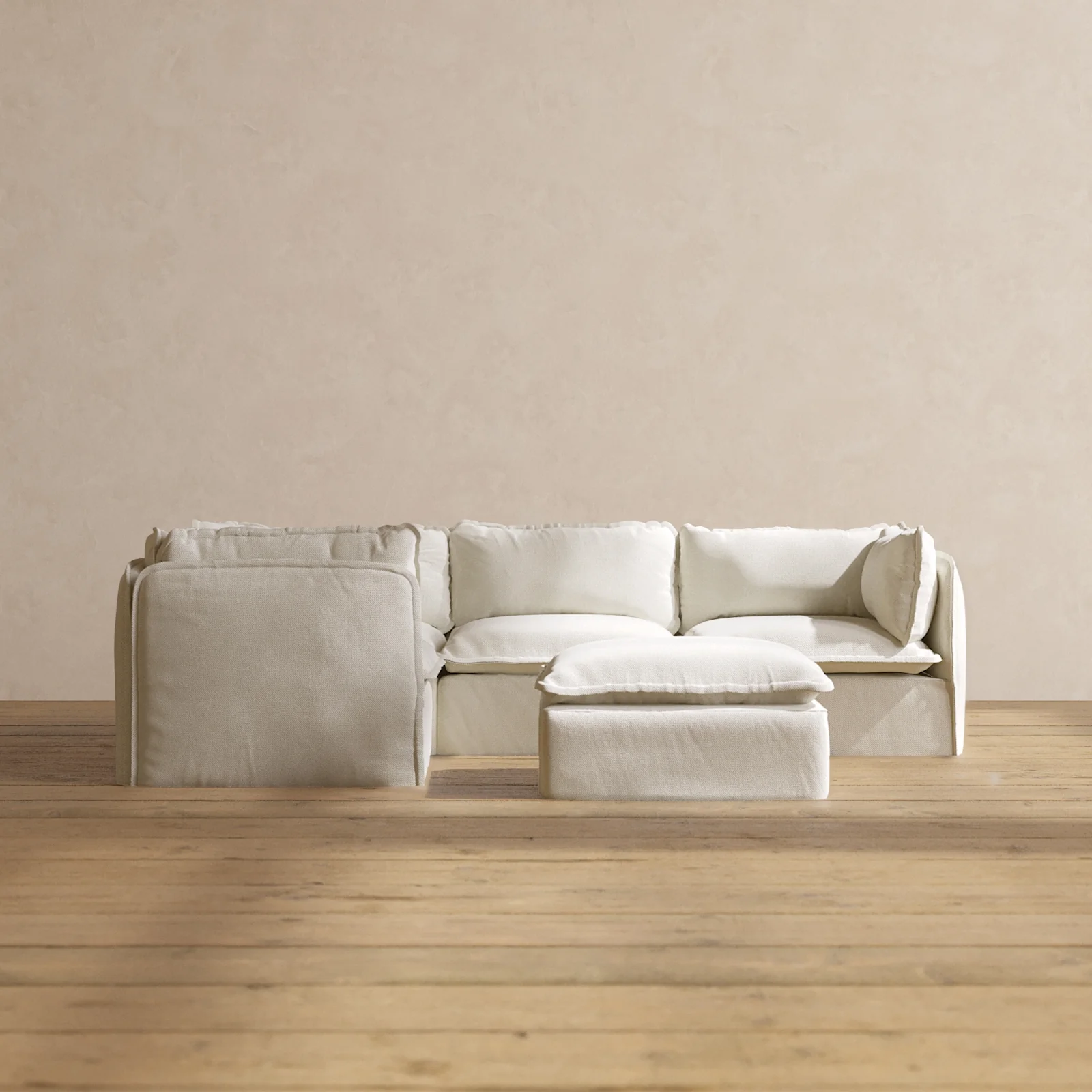 Modular Washable 4-Seater Corner Sectional + Ottoman in Eggshell | Deluxe+ Seat | Cloud Pillow