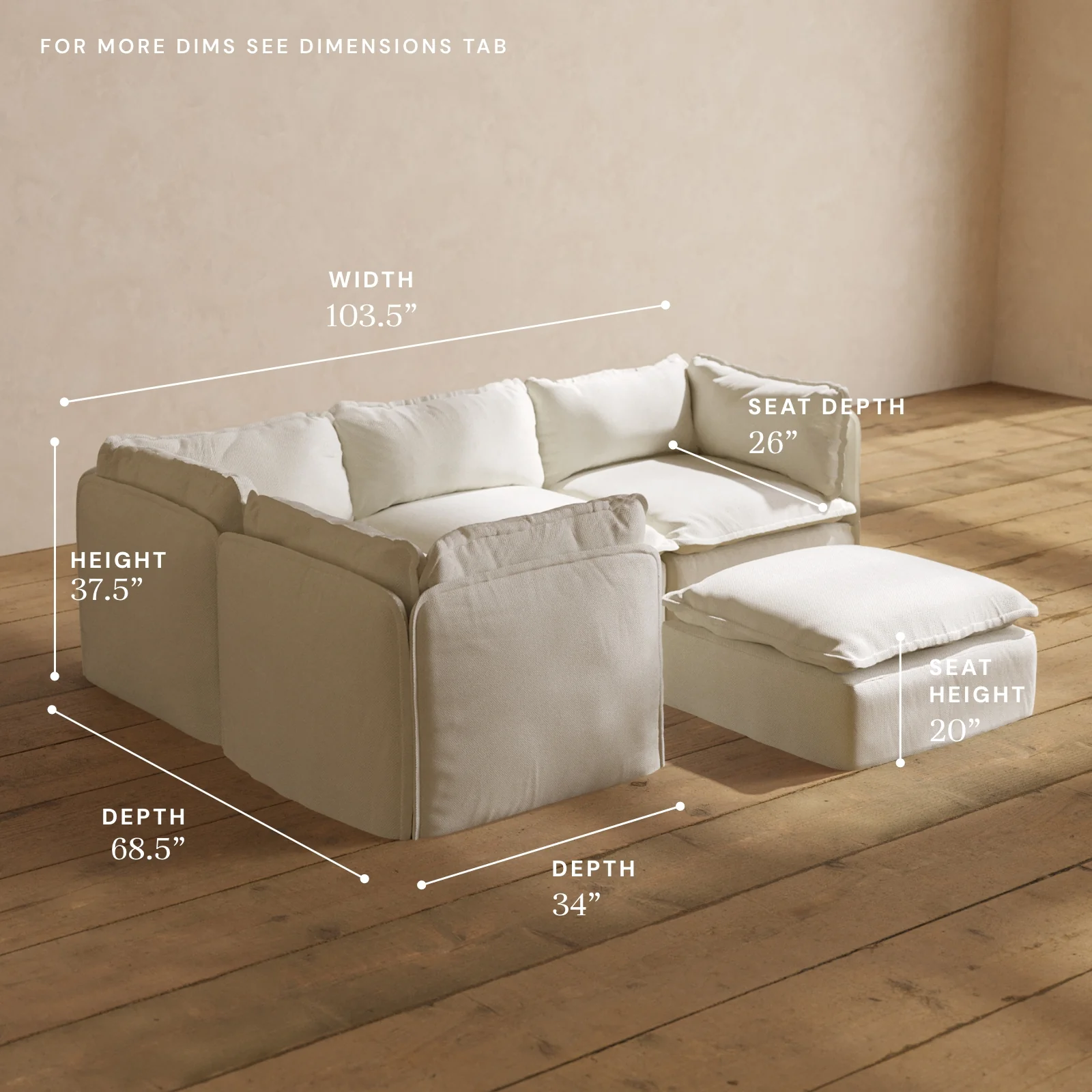 Modular Washable 4-Seater Corner Sectional + Ottoman in Eggshell | Deluxe+ Seat | Cloud Pillow - Image 5