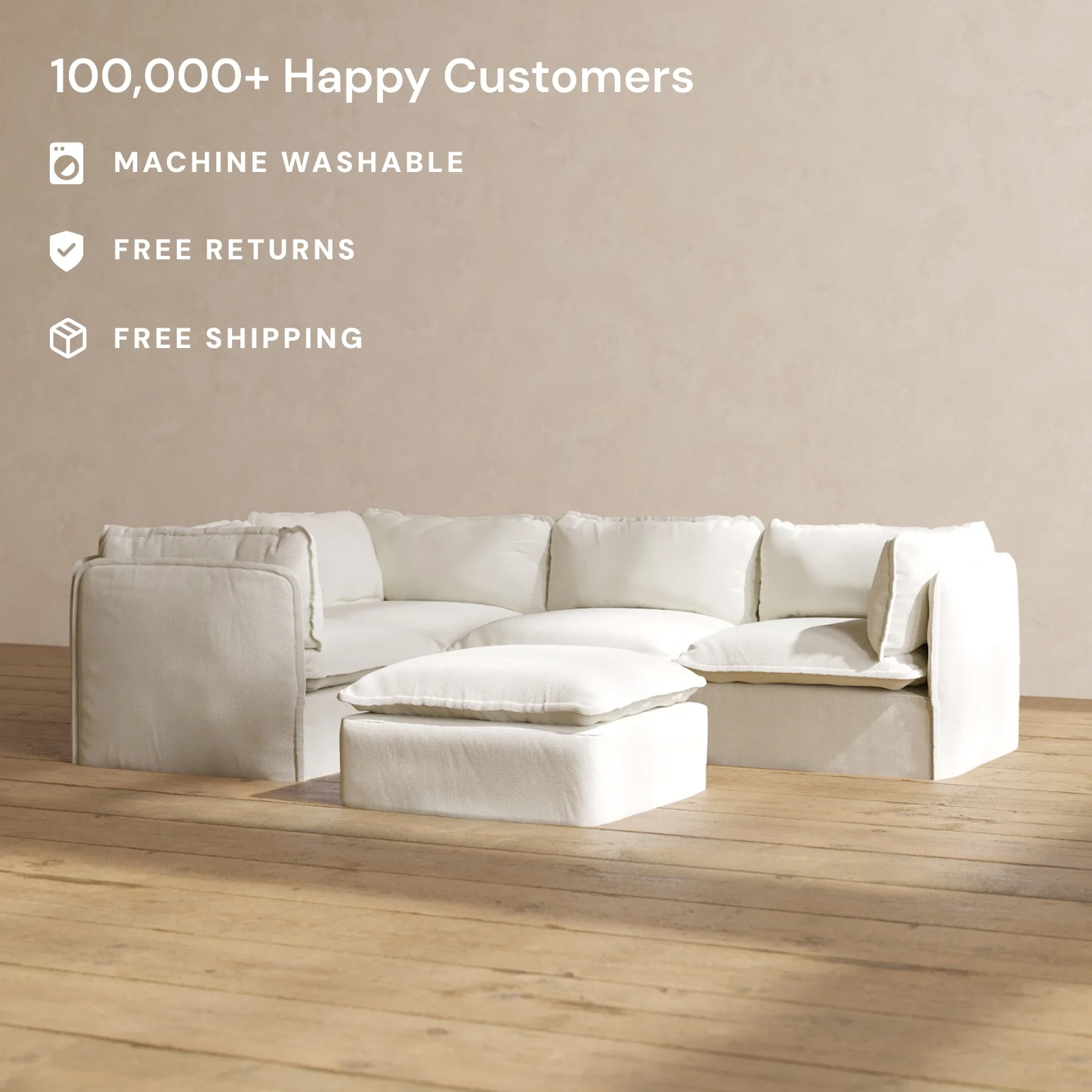 Modular Washable 4-Seater Corner Sectional + Ottoman in Eggshell | Memorix+ Seat | Contour Pillow - Image 2