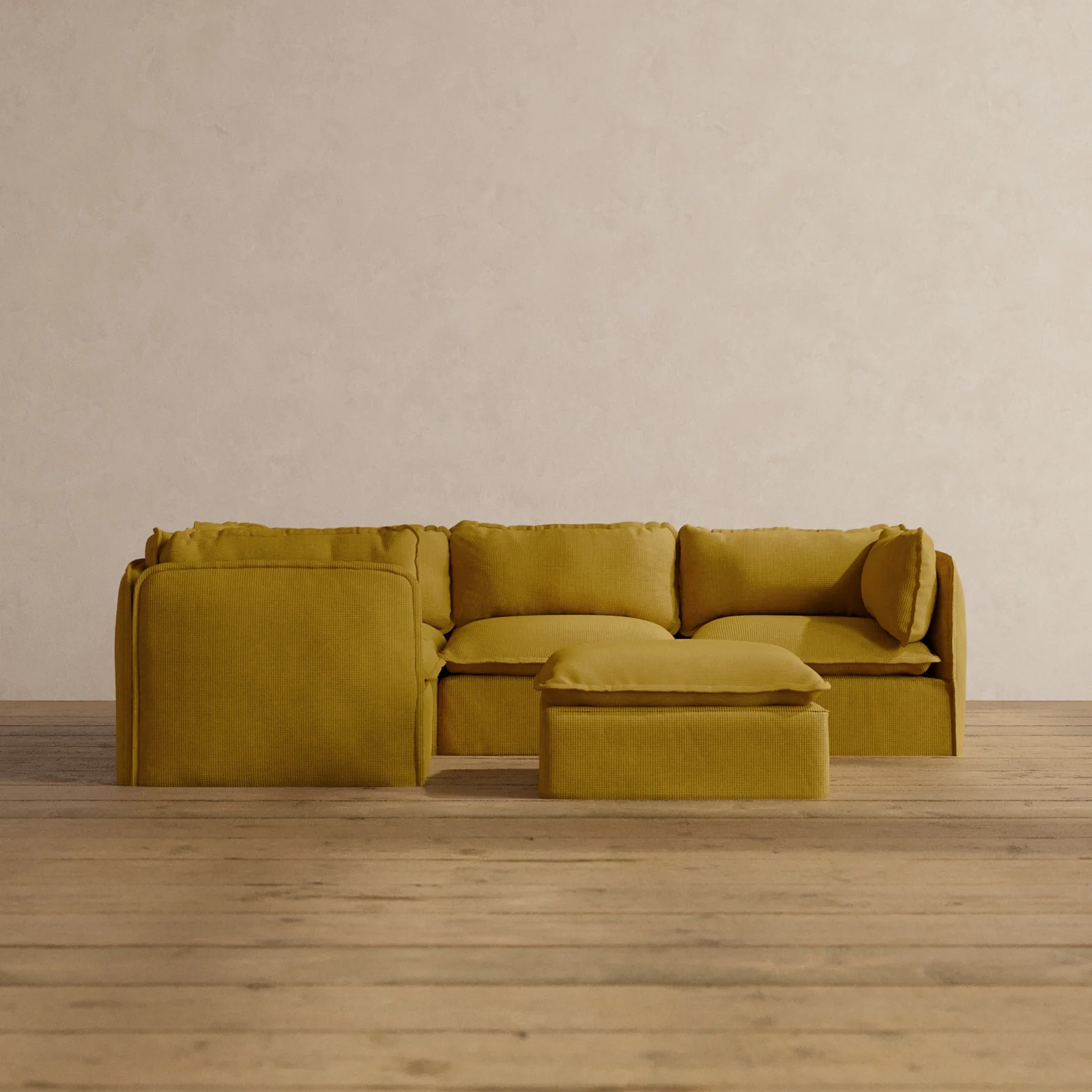 Modular Washable 4-Seater Corner Sectional + Ottoman in Kiiro | Memorix+ Seat | Contour Pillow