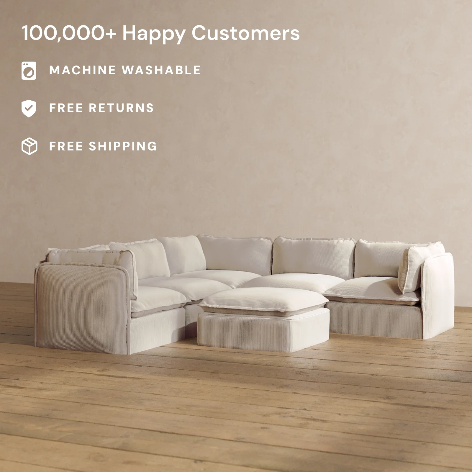 Modular Washable 4-Seater Corner Sectional + Ottoman in Milk | Deluxe+ Seat | Cloud Pillow - Image 2