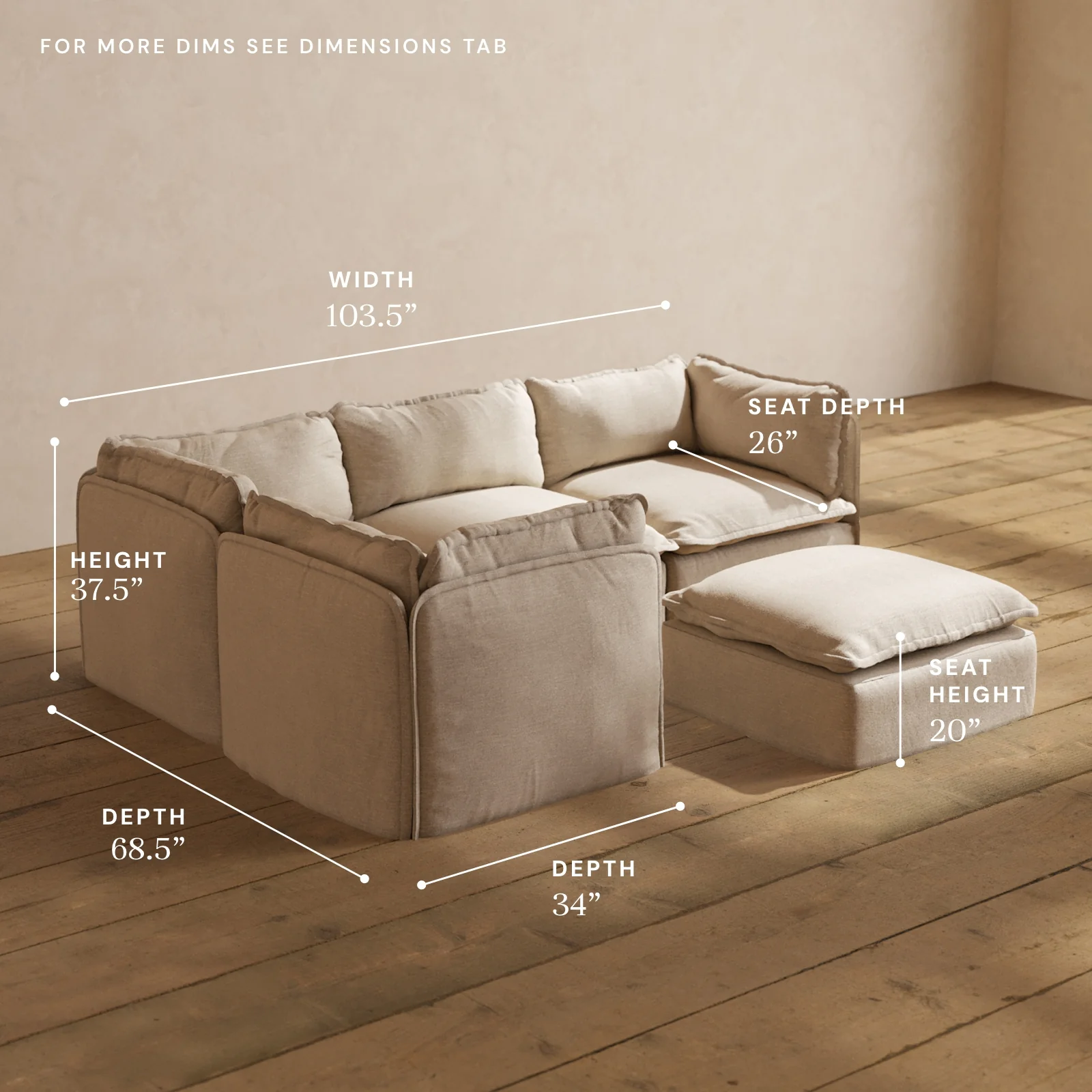 Modular Washable 4-Seater Corner Sectional + Ottoman in Oat | Deluxe+ Seat | Cloud Pillow - Image 5