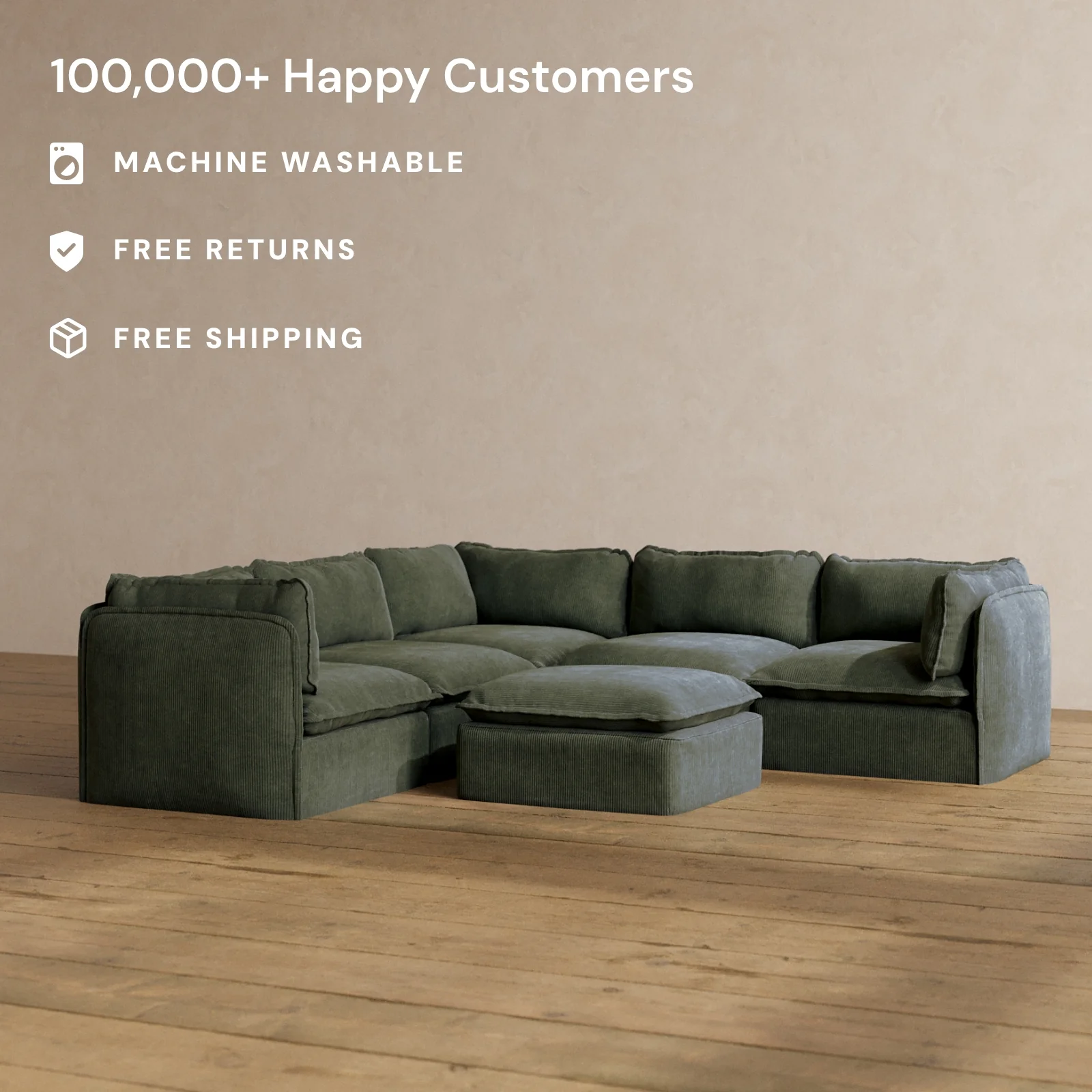 Modular Washable 4-Seater Corner Sectional + Ottoman in Olivine | Memorix+ Seat | Contour Pillow - Image 2