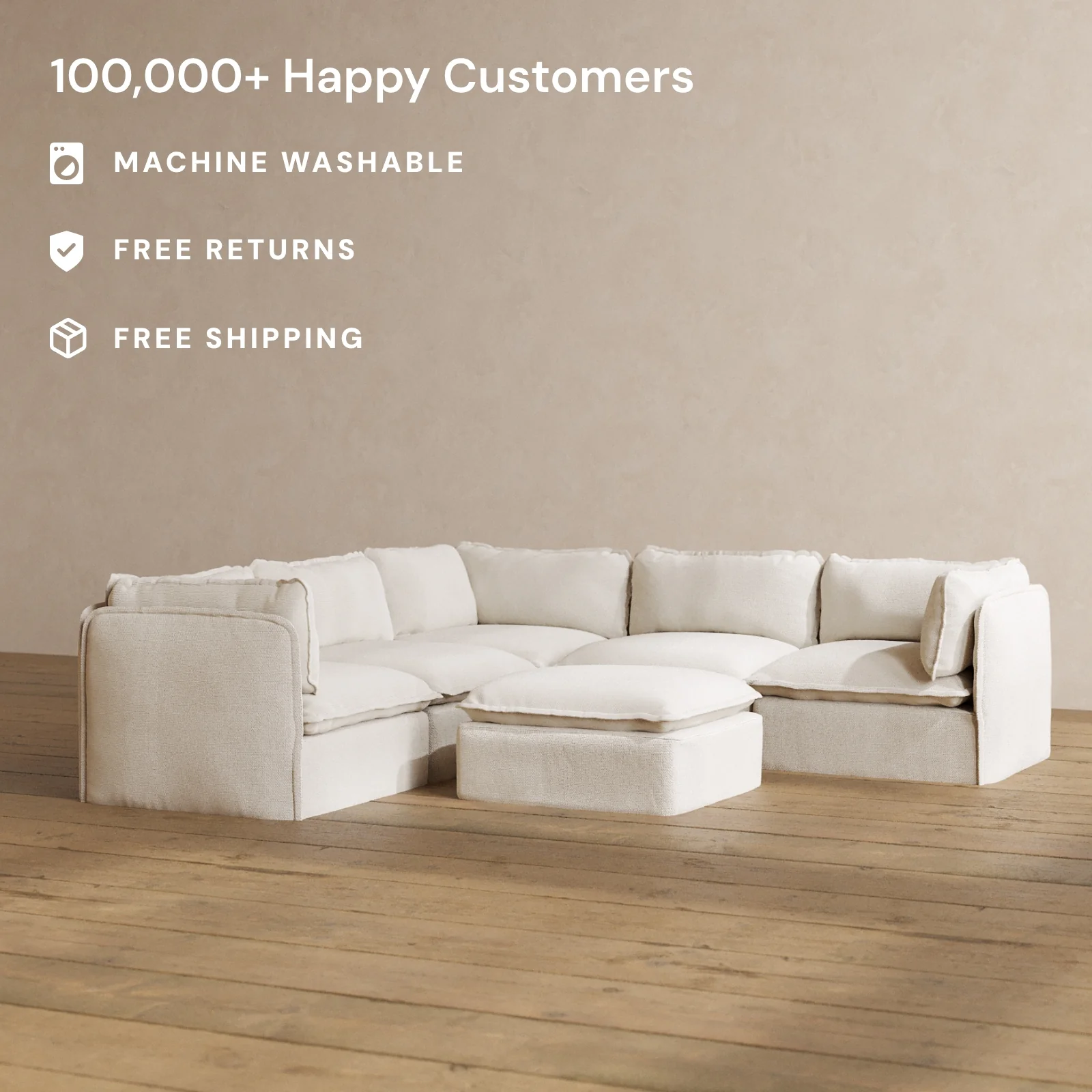 Modular Washable 4-Seater Corner Sectional + Ottoman in Powder | Deluxe+ Seat | Cloud Pillow - Image 2